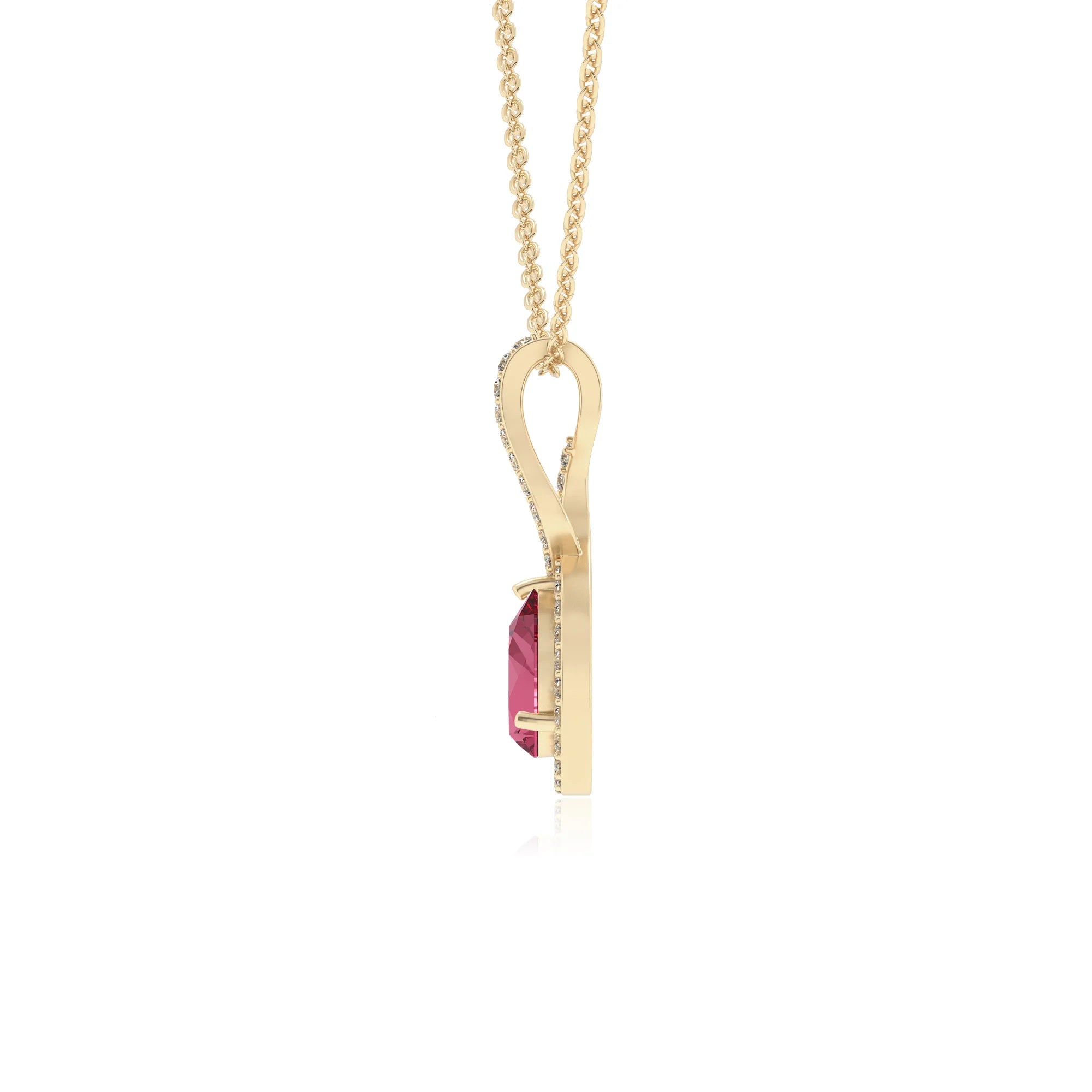 lab grown pink-tourmaline pear necklaces in yellow gold