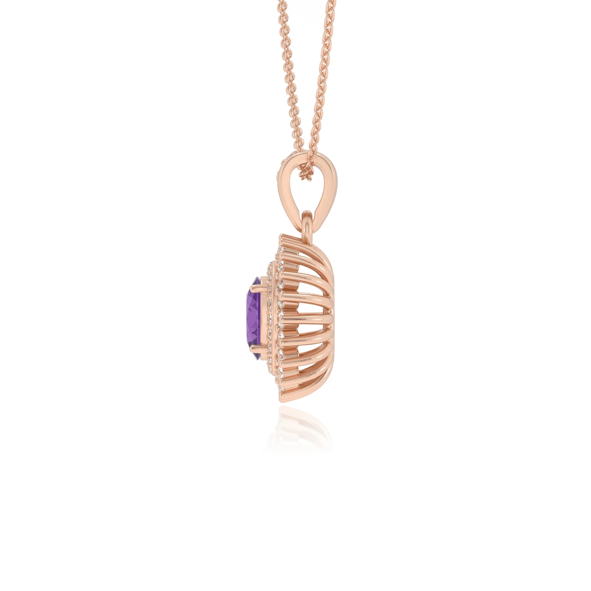 lab grown amethyst oval halo necklaces in rose gold