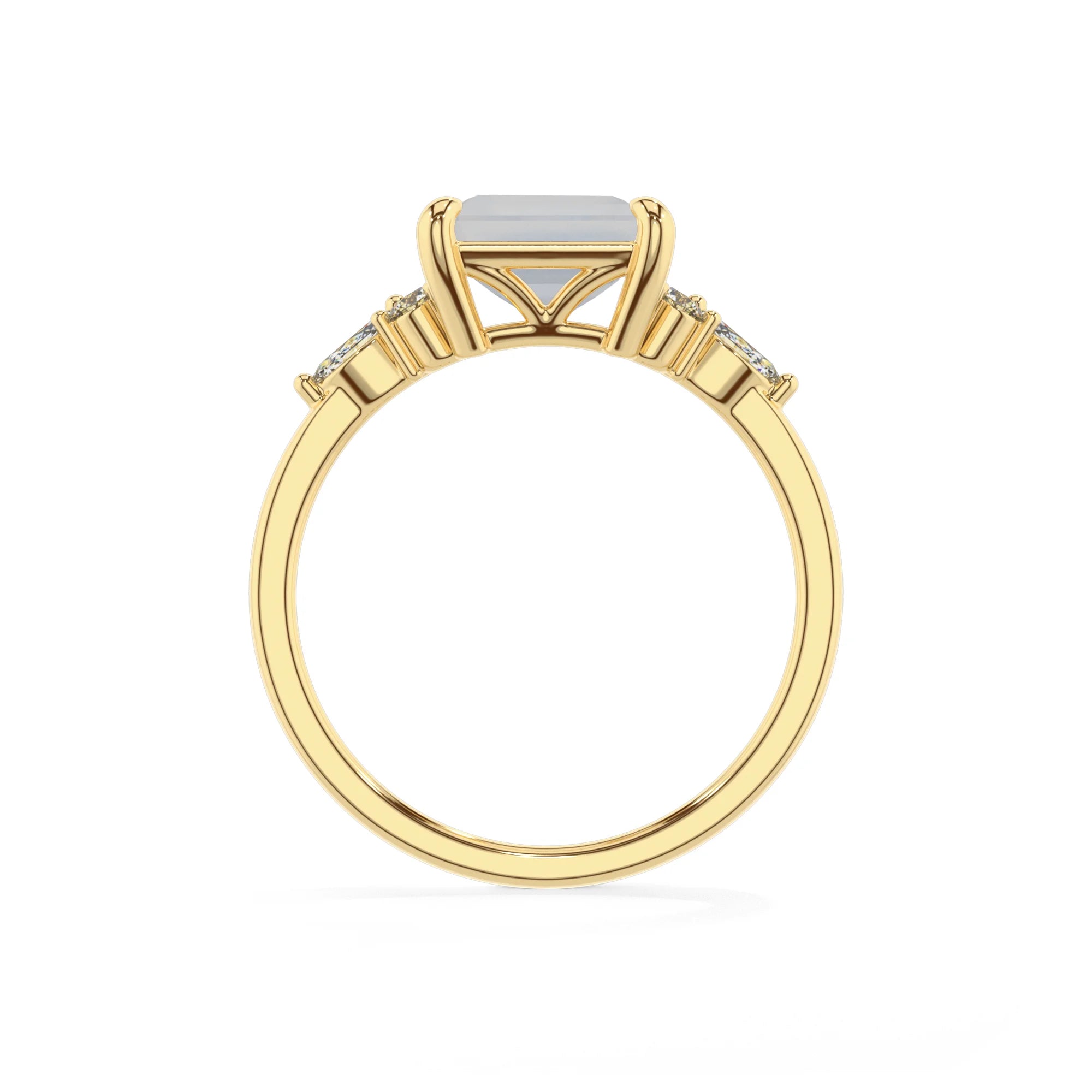 natural rainbow-moonstone emerald cut solitaire rings in yellow gold