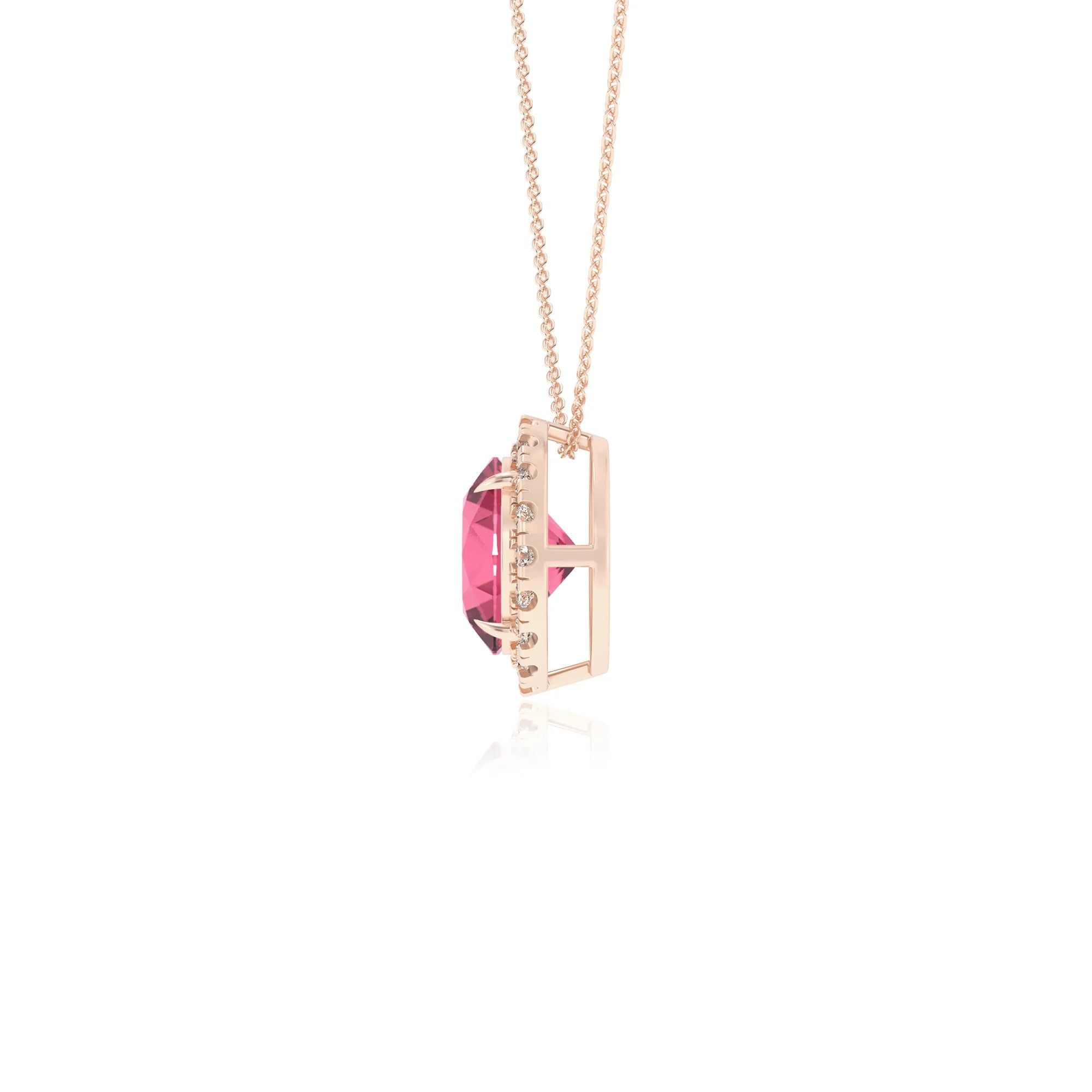 lab grown pink tourmaline round solitaire necklaces in rose gold