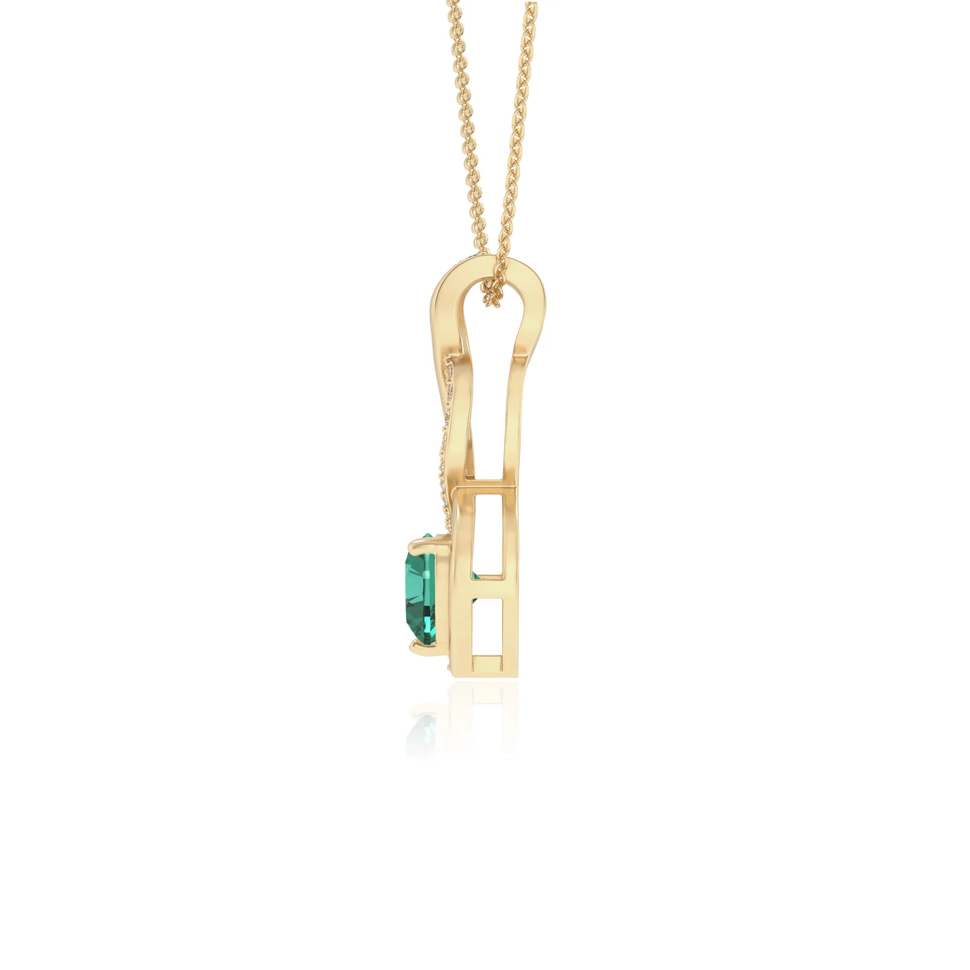 lab grown emerald heart infinity necklaces in yellow gold