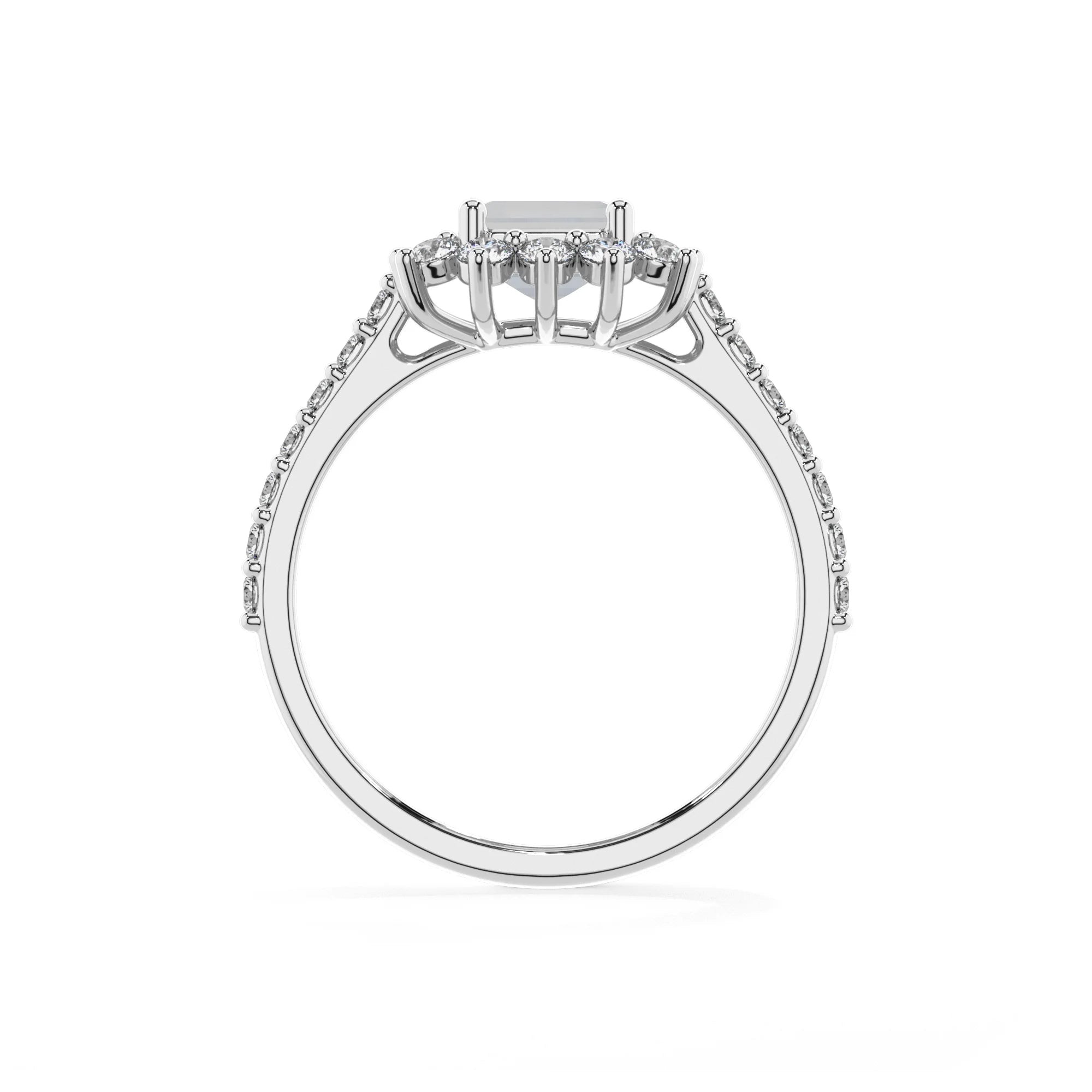 natural rainbow-moonstone emerald cut solitaire rings in white gold