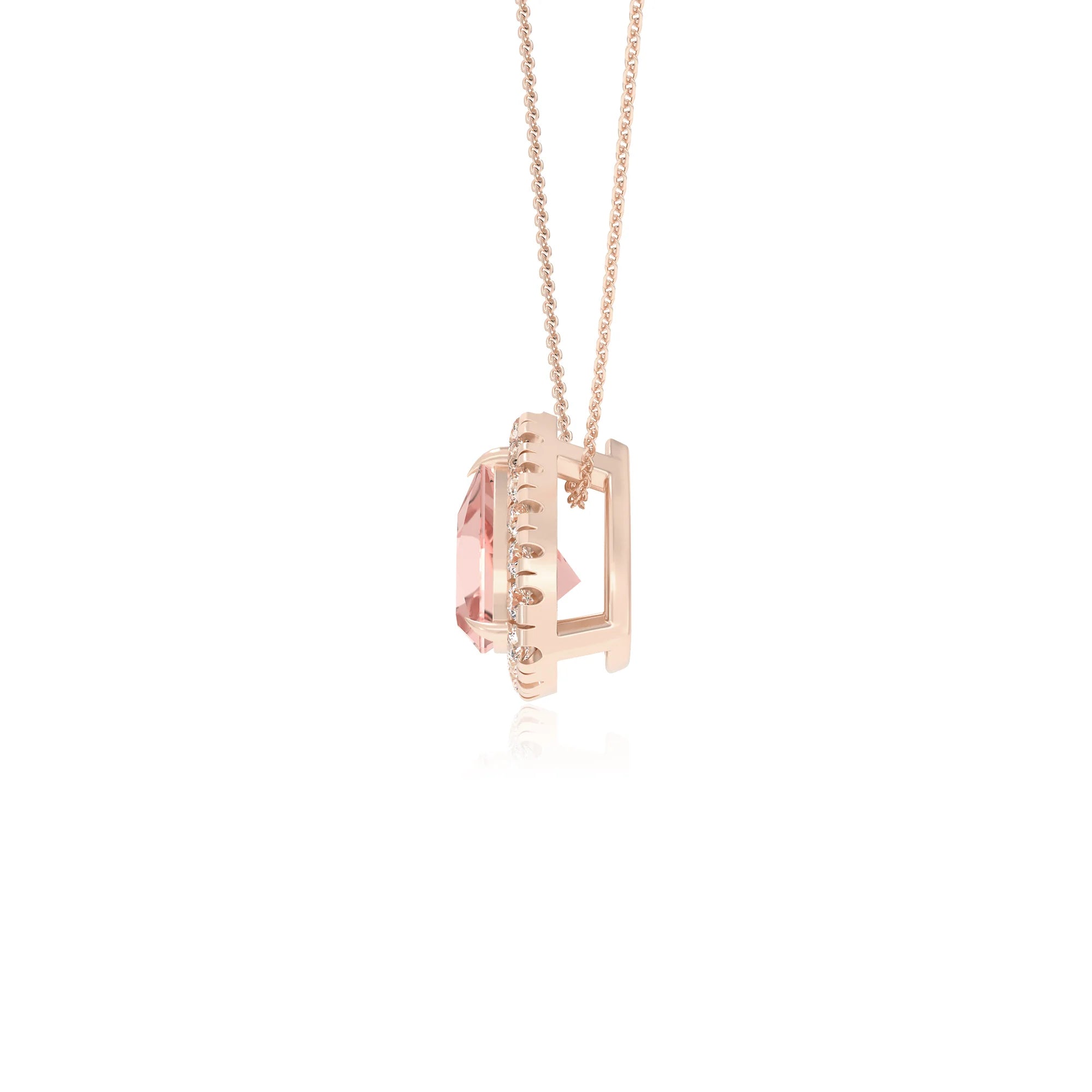 lab grown morganite trillion solitaire necklaces in rose gold