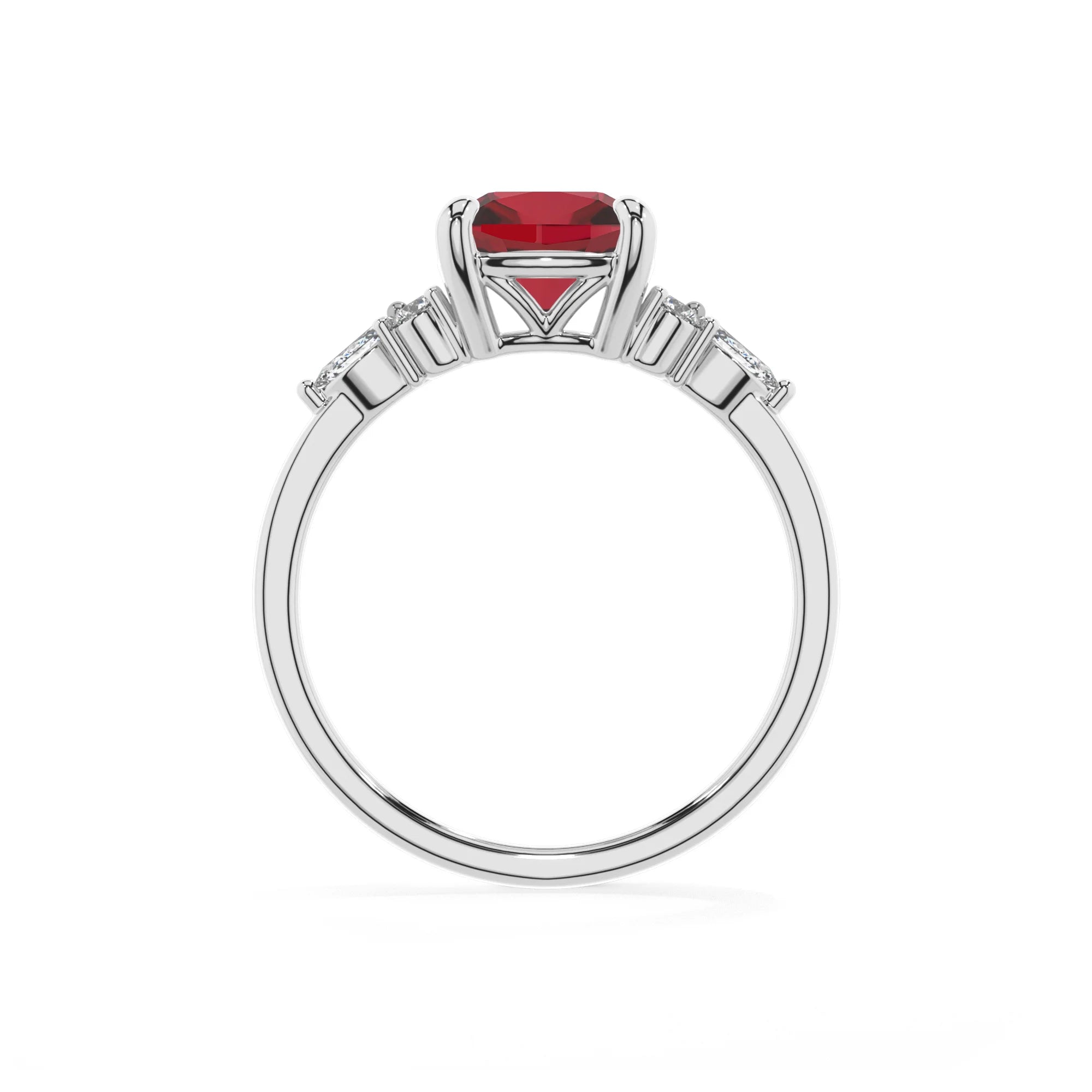 lab grown ruby cushion solitaire rings in sterling silver