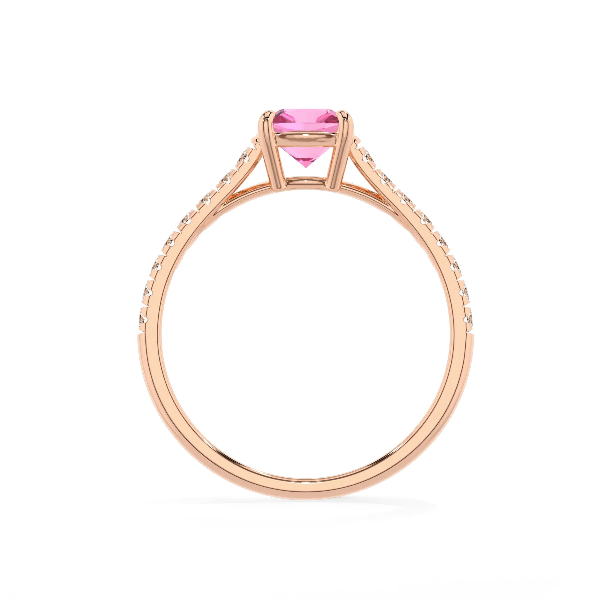lab grown pink-sapphire cushion half eternity solitaire engagement rings in rose gold