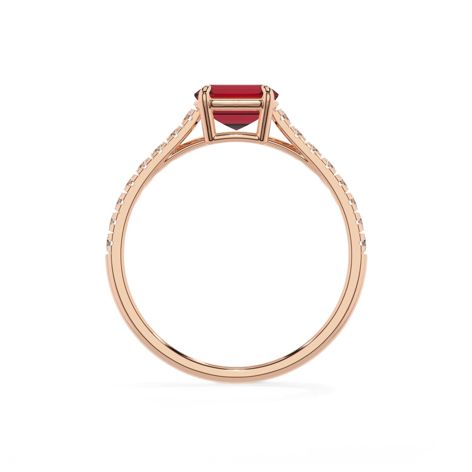 lab grown ruby emerald cut half eternity solitaire engagement rings in rose gold