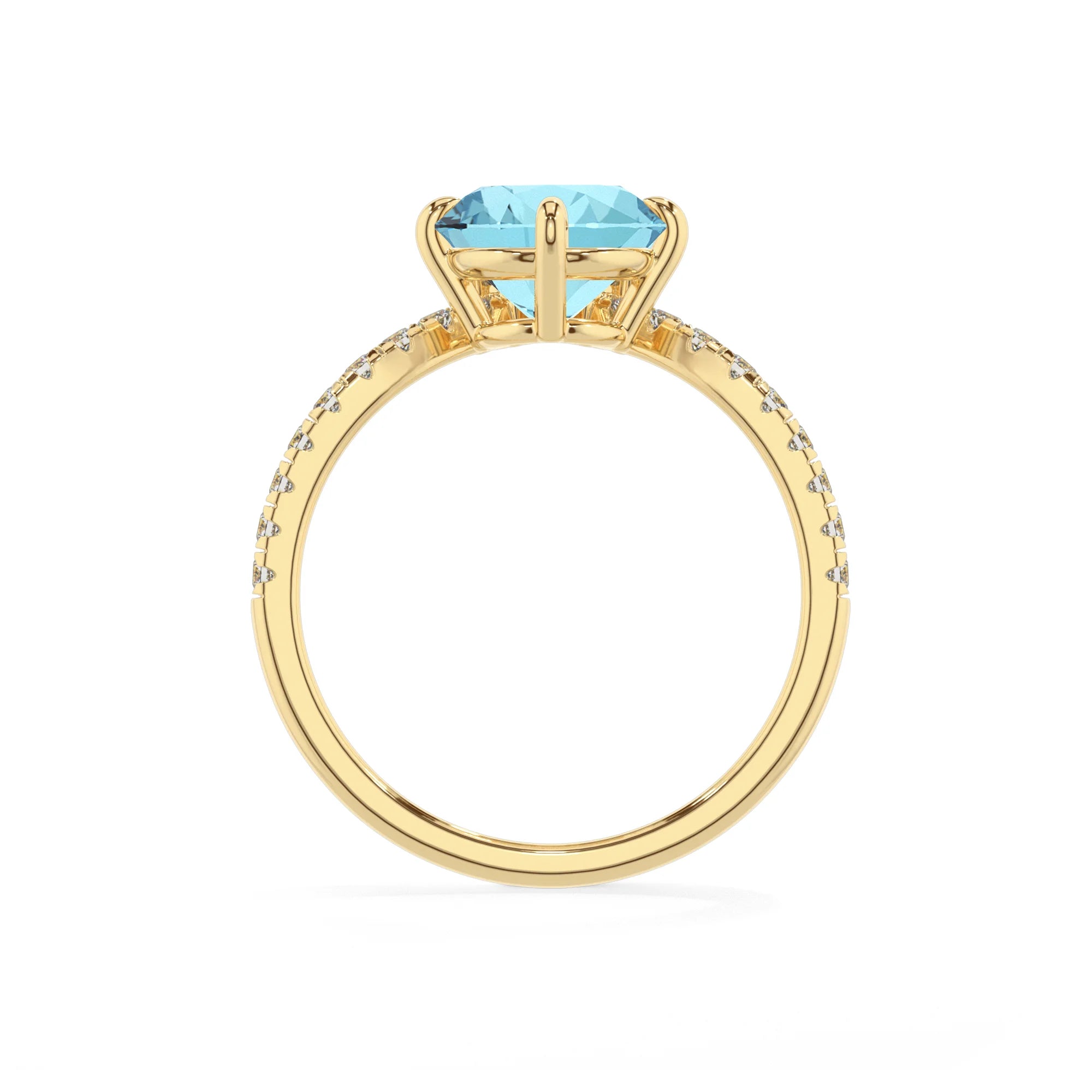 lab grown aquamarine round solitaire rings in yellow gold