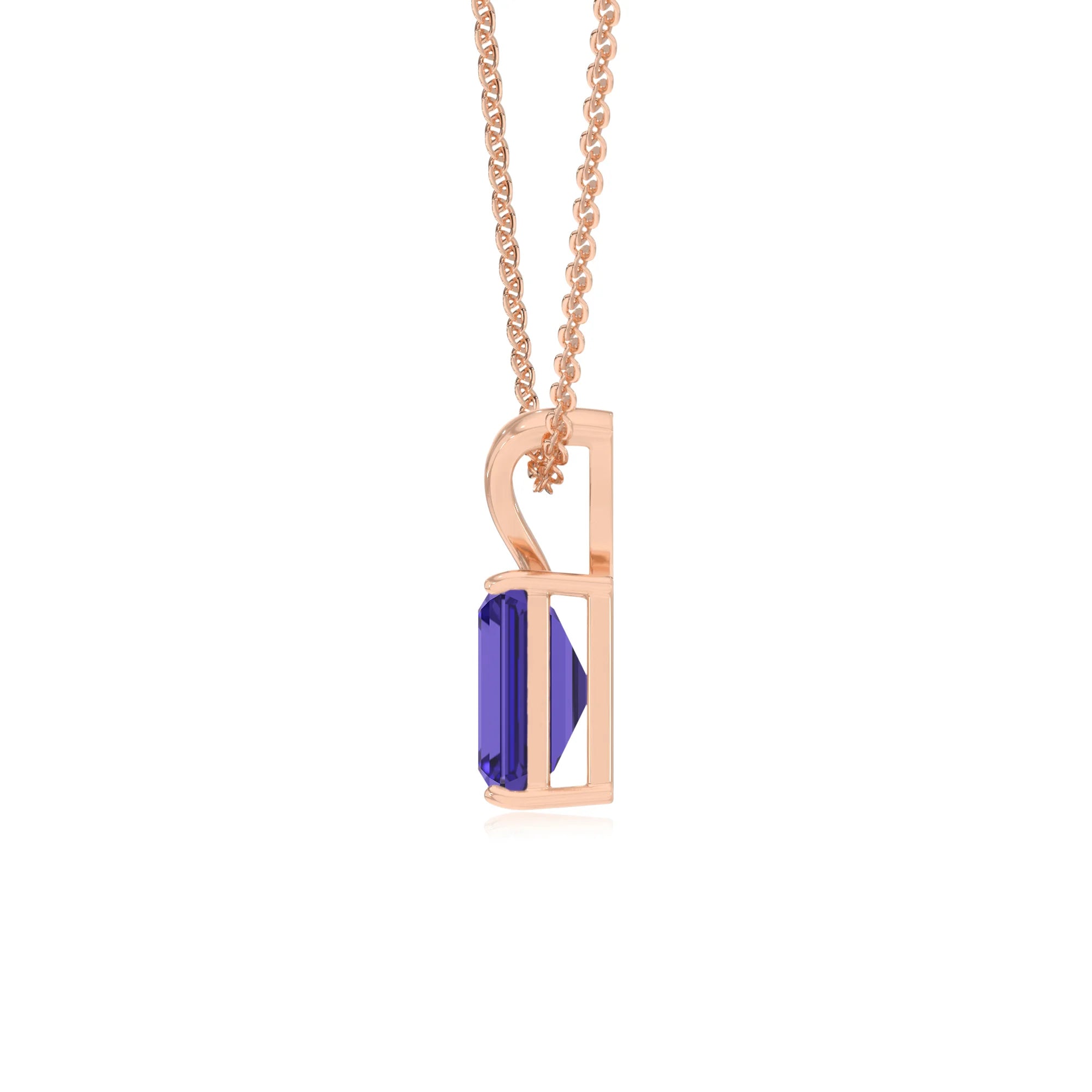 lab grown tanzanite emerald cut solitaire v-bale necklaces in rose gold