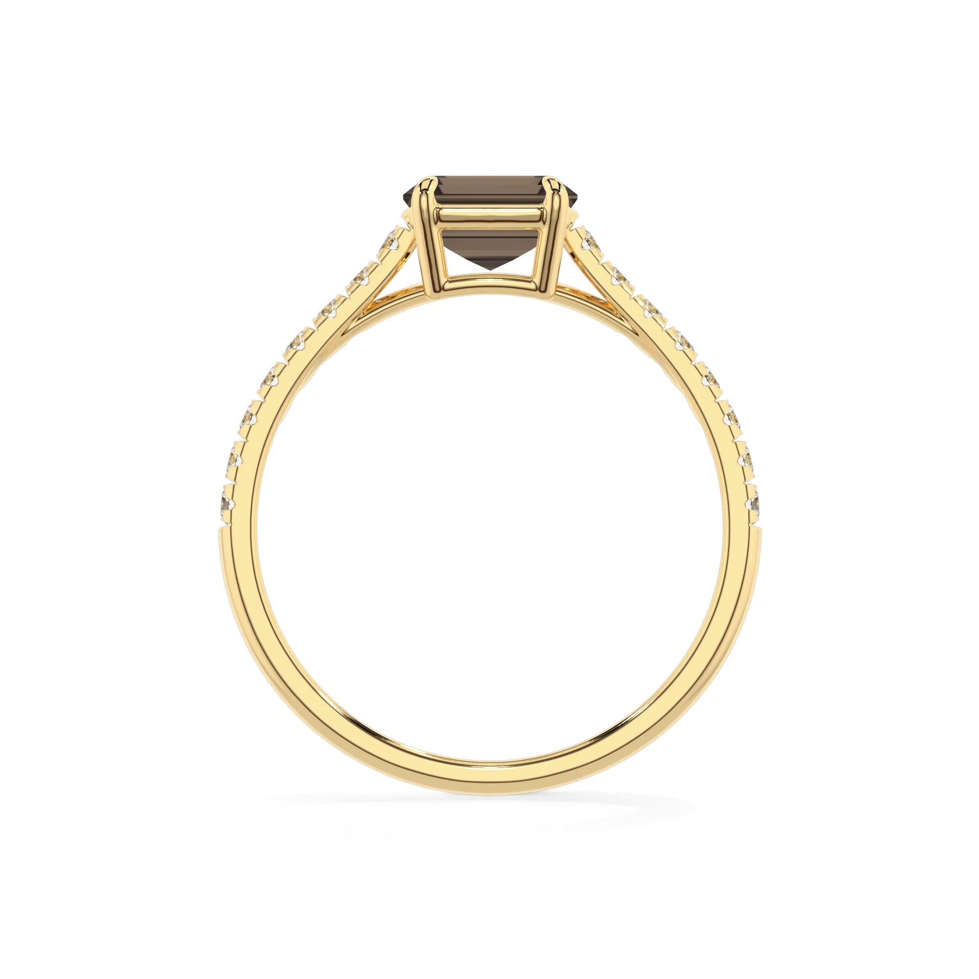 natural smoky-quartz emerald cut half eternity solitaire engagement rings in yellow gold