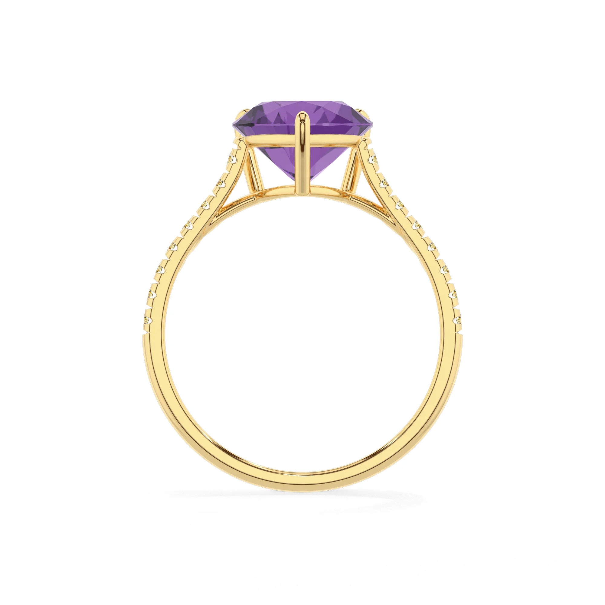 lab grown amethyst heart half eternity solitaire engagement rings in yellow gold