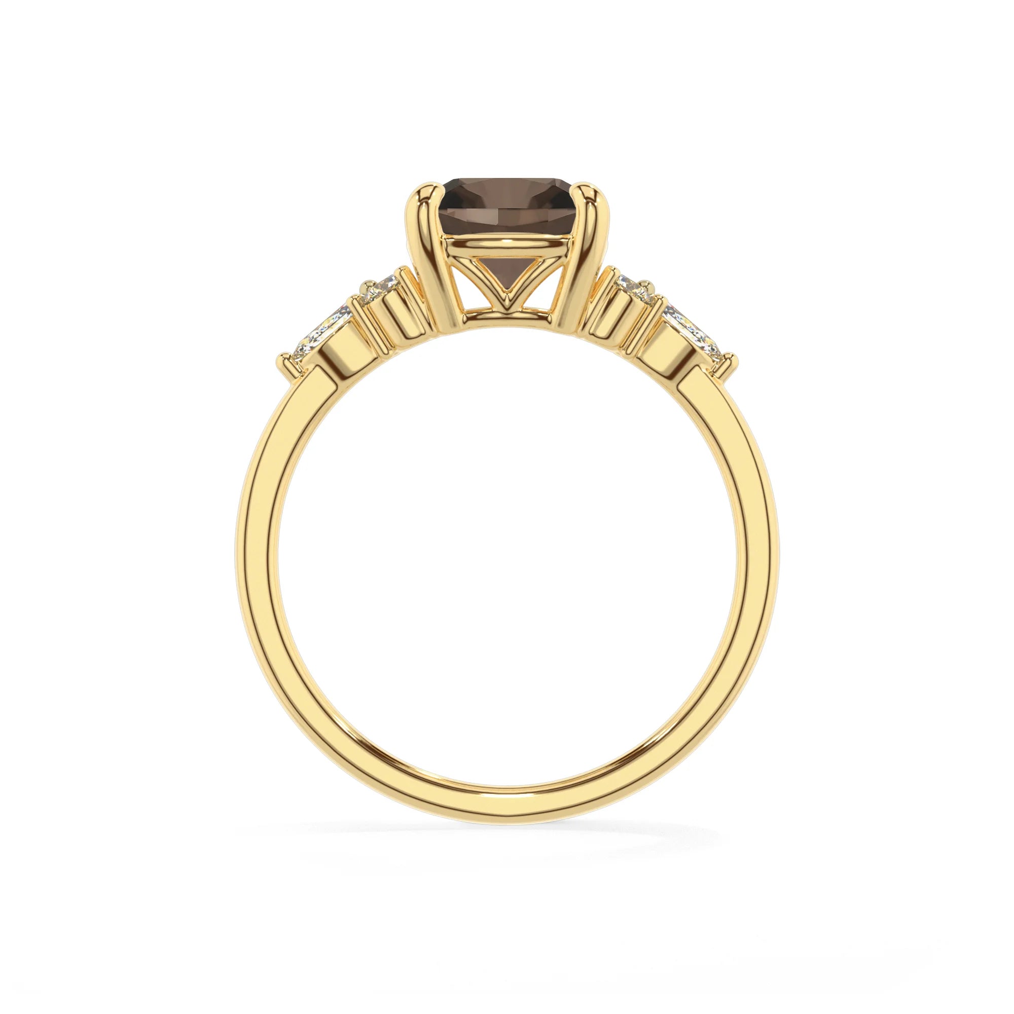 natural smoky-quartz cushion solitaire rings in yellow gold