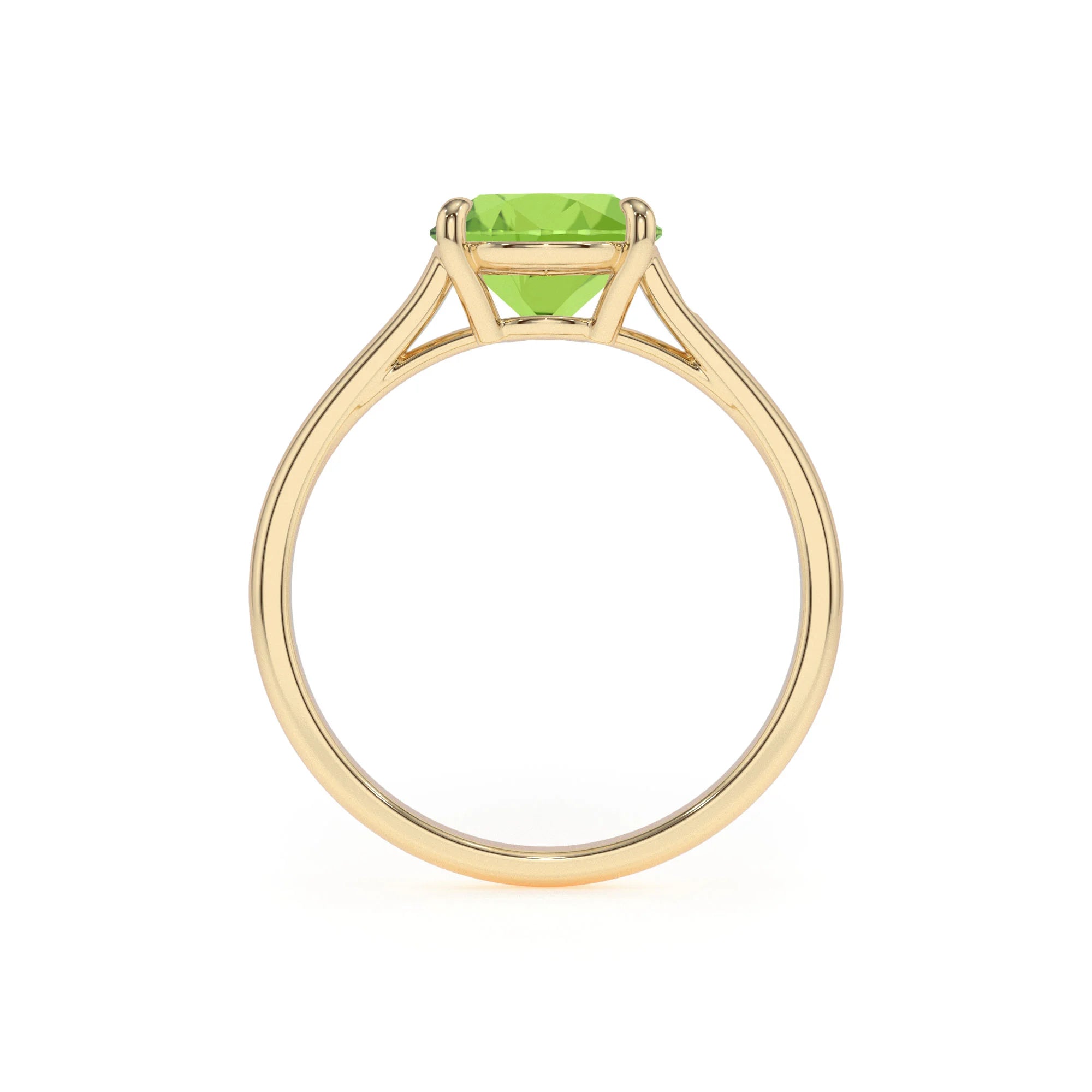 natural peridot cushion solitaire rings in yellow gold