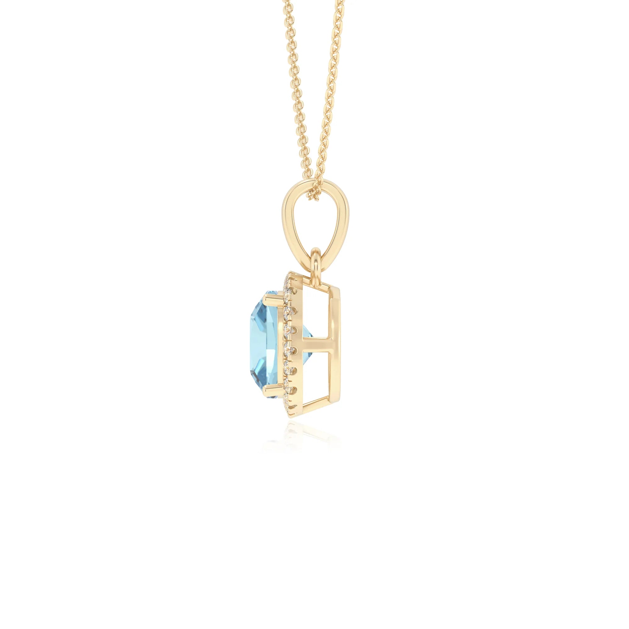 lab grown aquamarine cushion solitaire necklaces in yellow gold