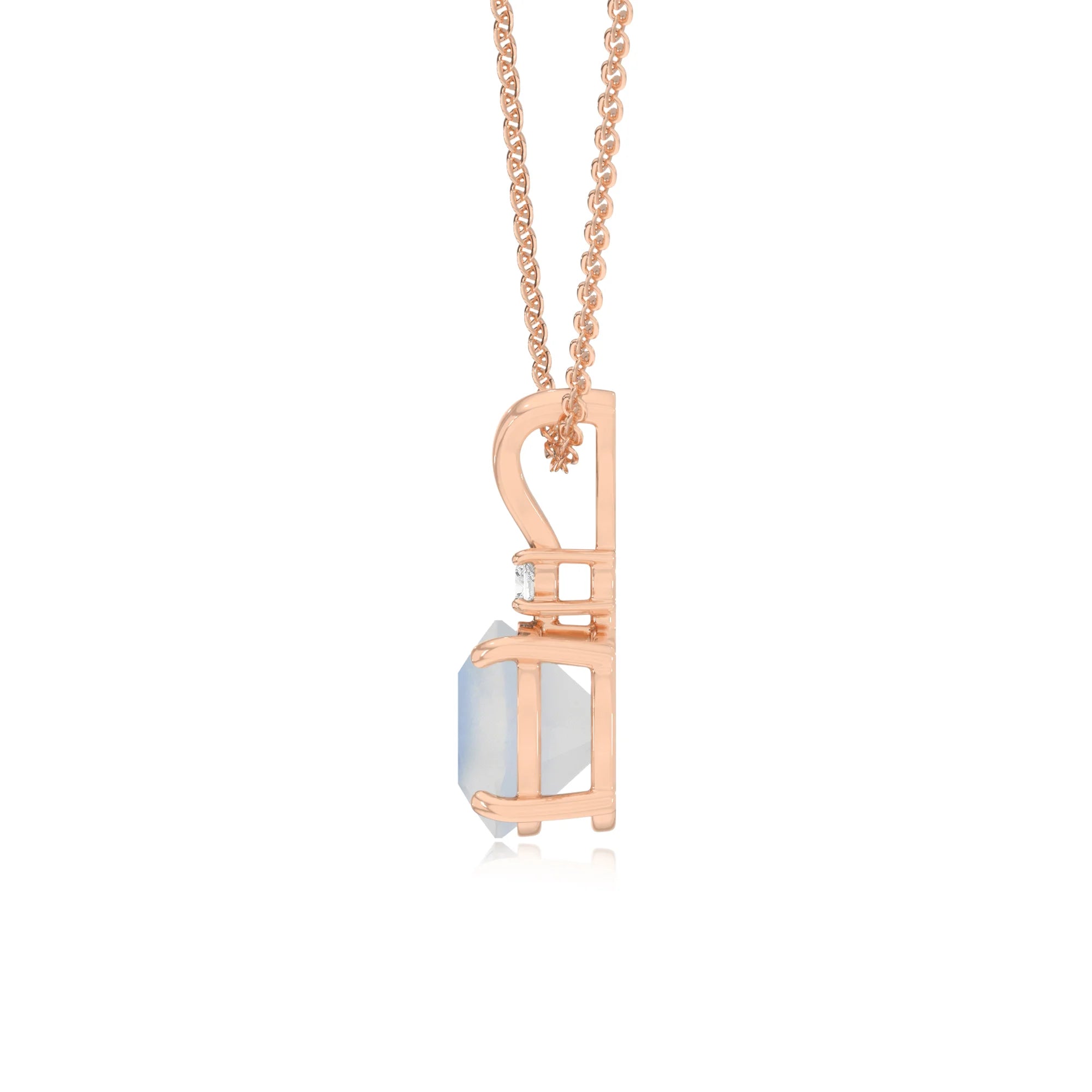 natural rainbow-moonstone cushion solitaire v-bale necklaces in rose gold