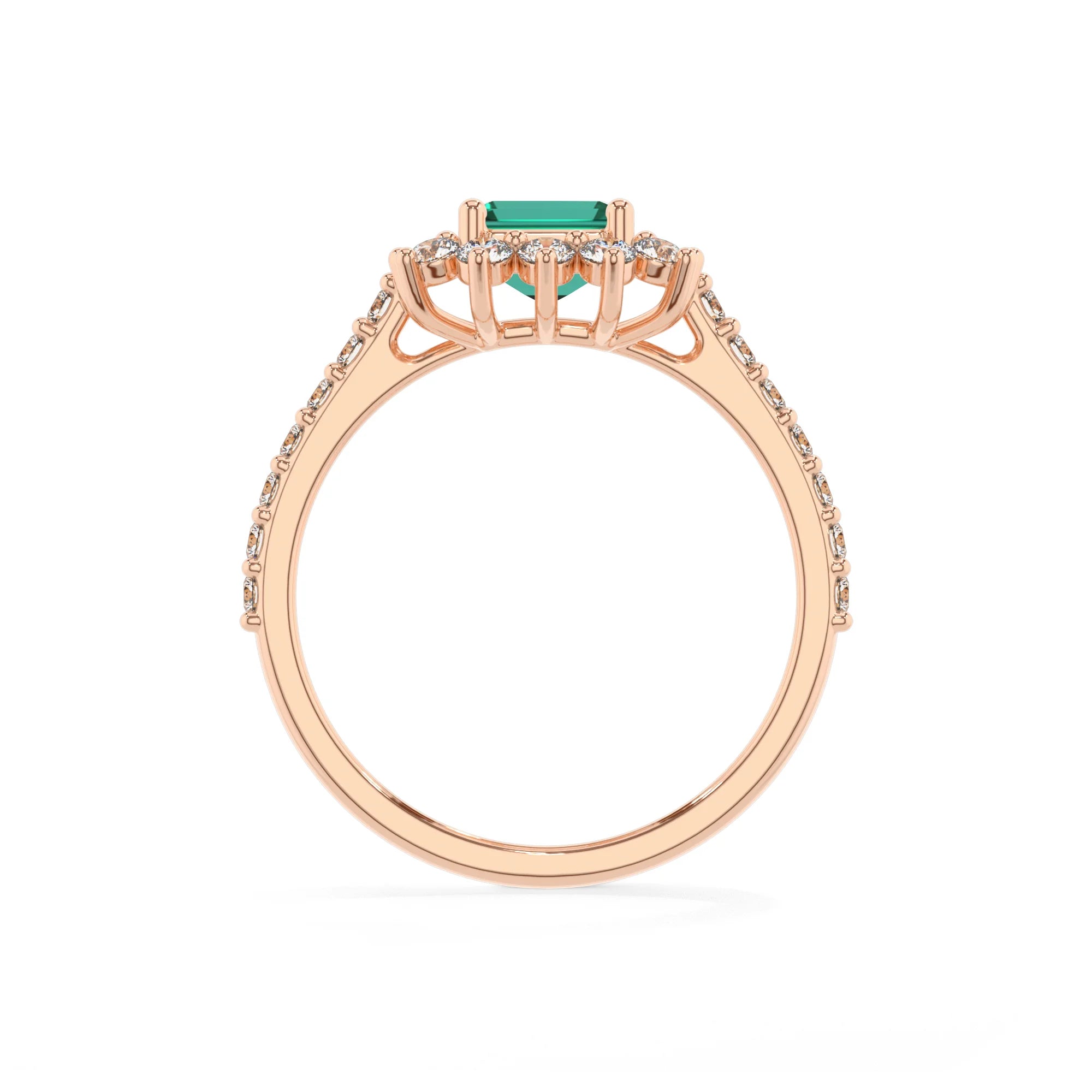 lab grown emerald octogon cut solitaire rings in rose gold