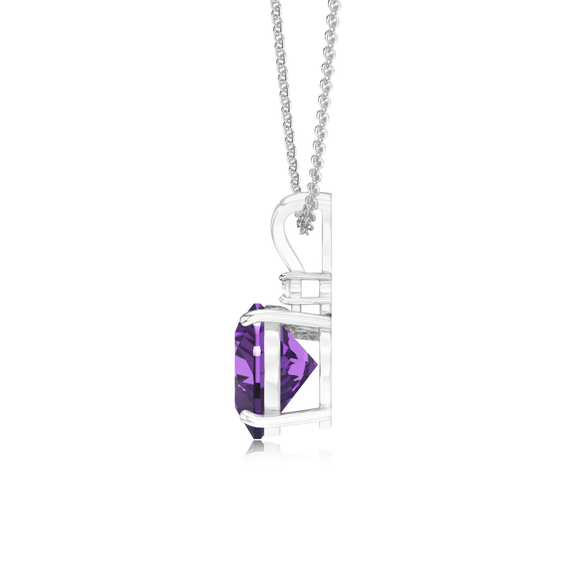 lab grown amethyst heart solitaire v-bale necklaces in sterling silver