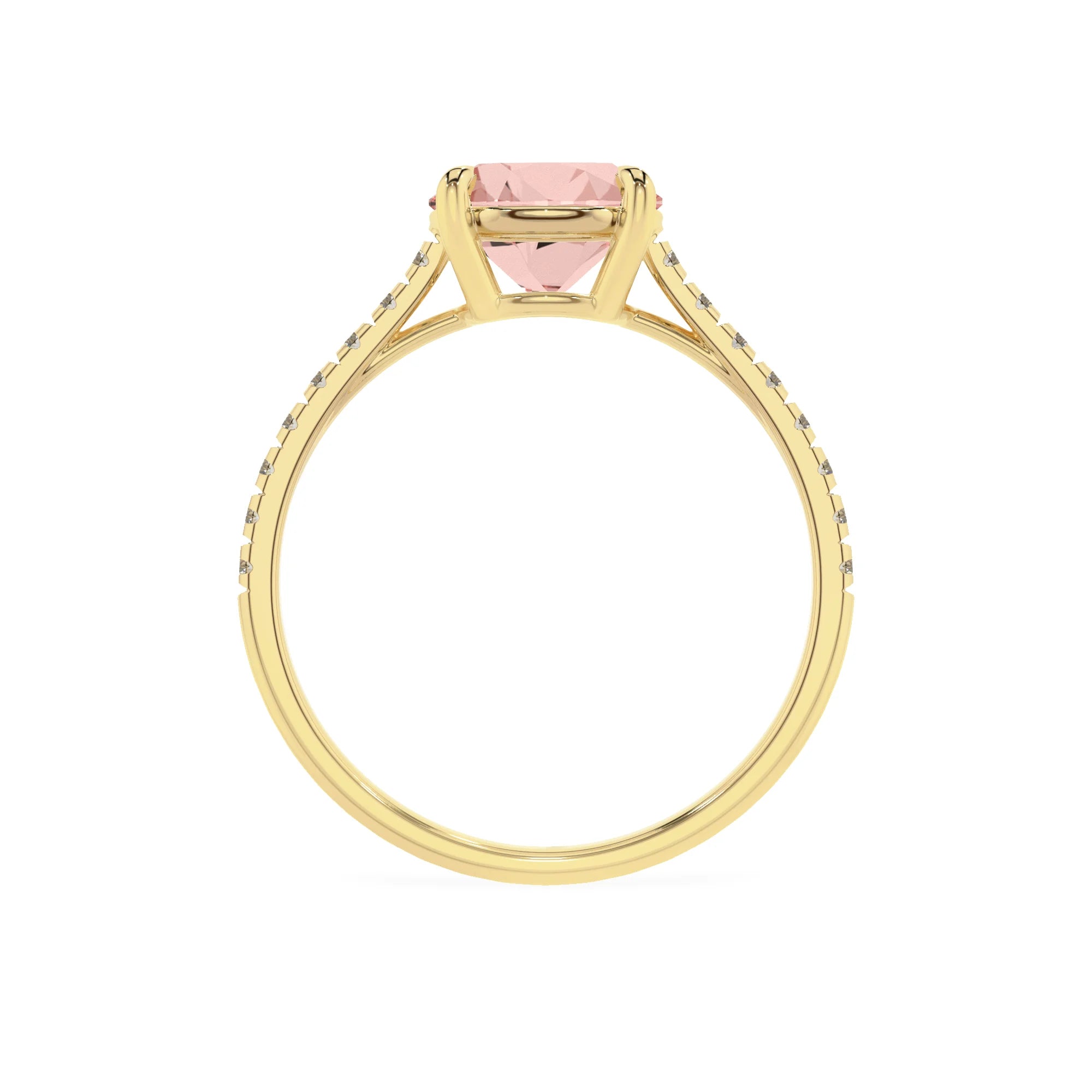 lab grown morganite round half eternity solitaire engagement rings in yellow gold