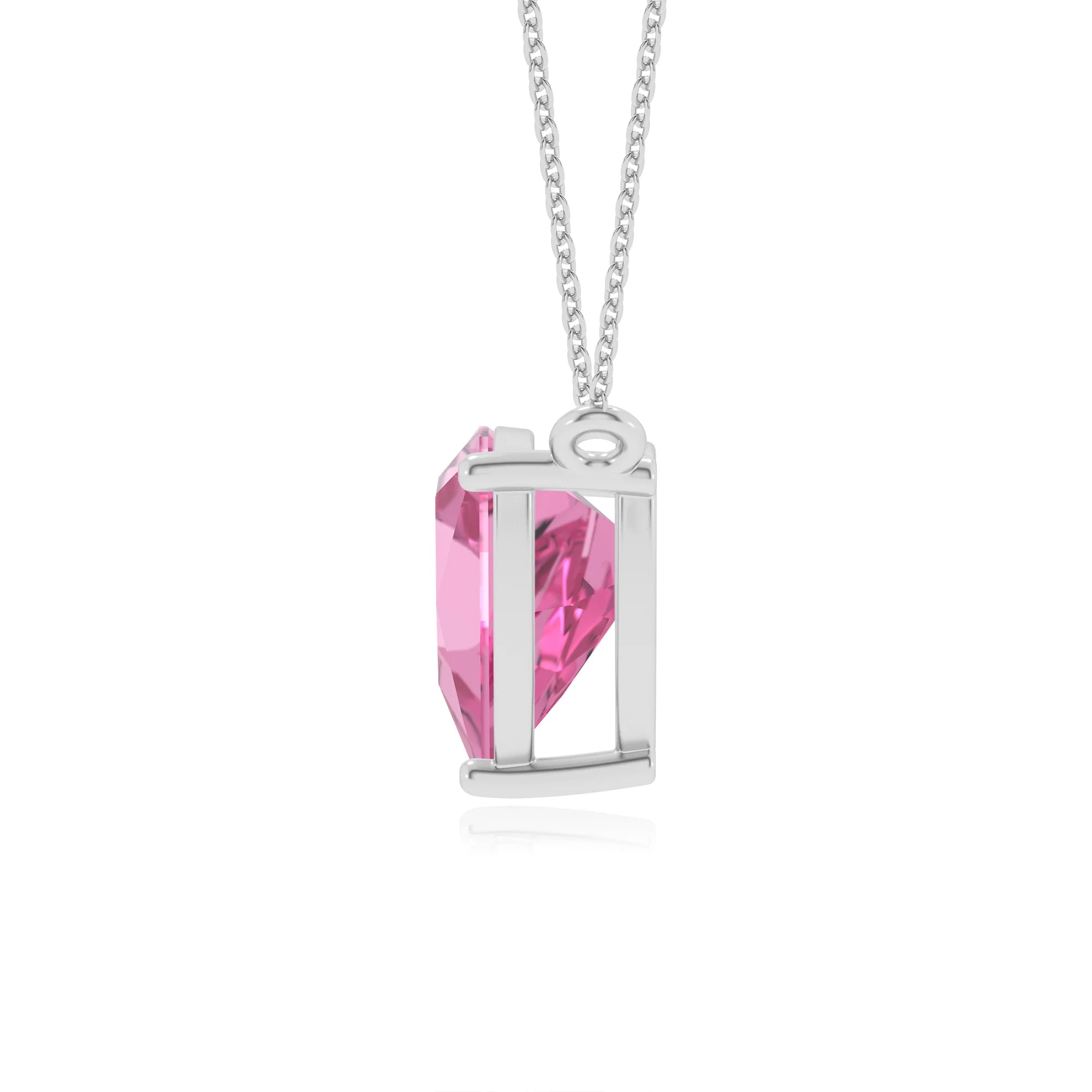 lab grown pink-sapphire trillion solitaire necklaces in sterling silver