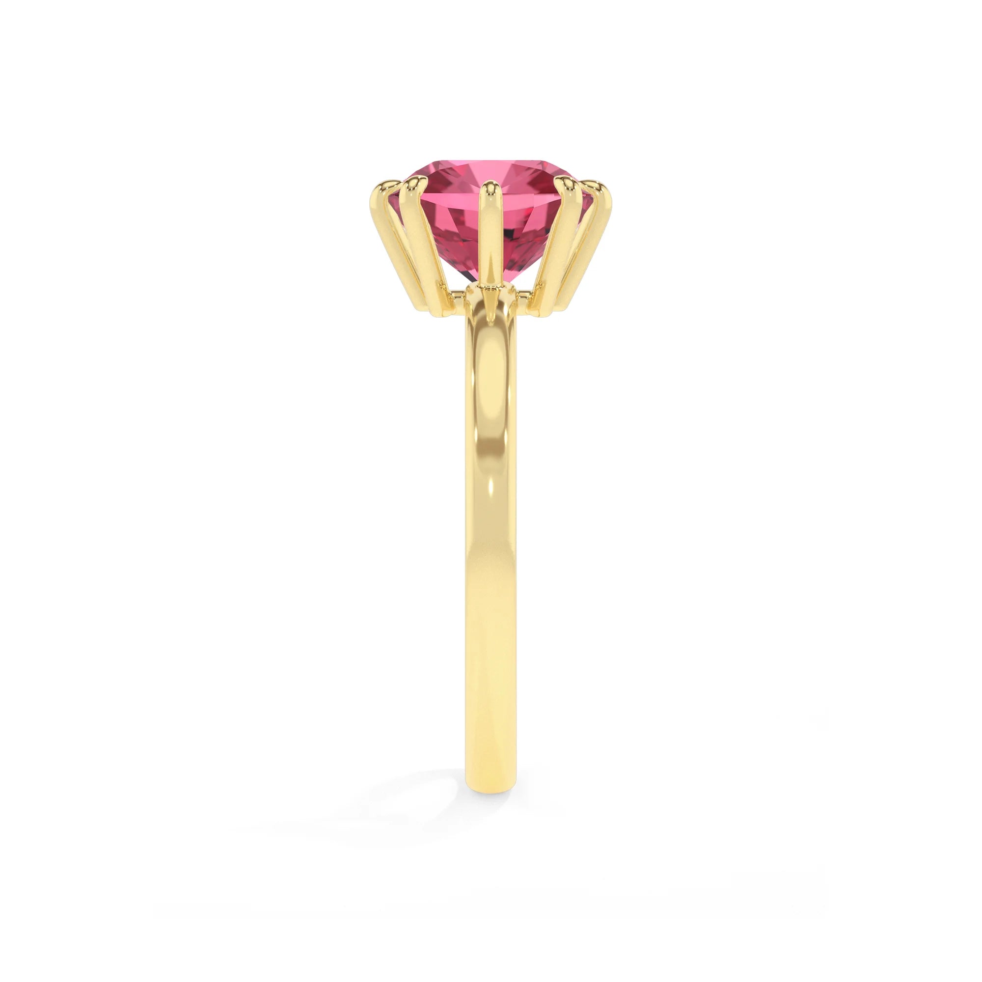 lab grown pink-tourmaline cushion solitaire rings in yellow gold