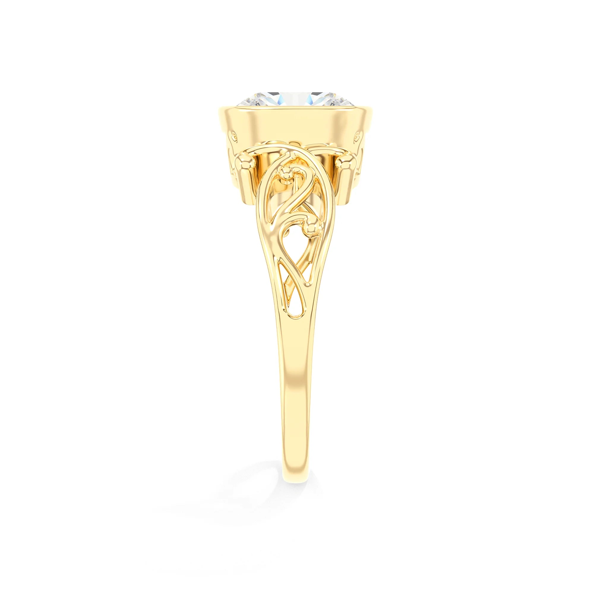 lab grown moissanite cushion solitaire rings in yellow gold