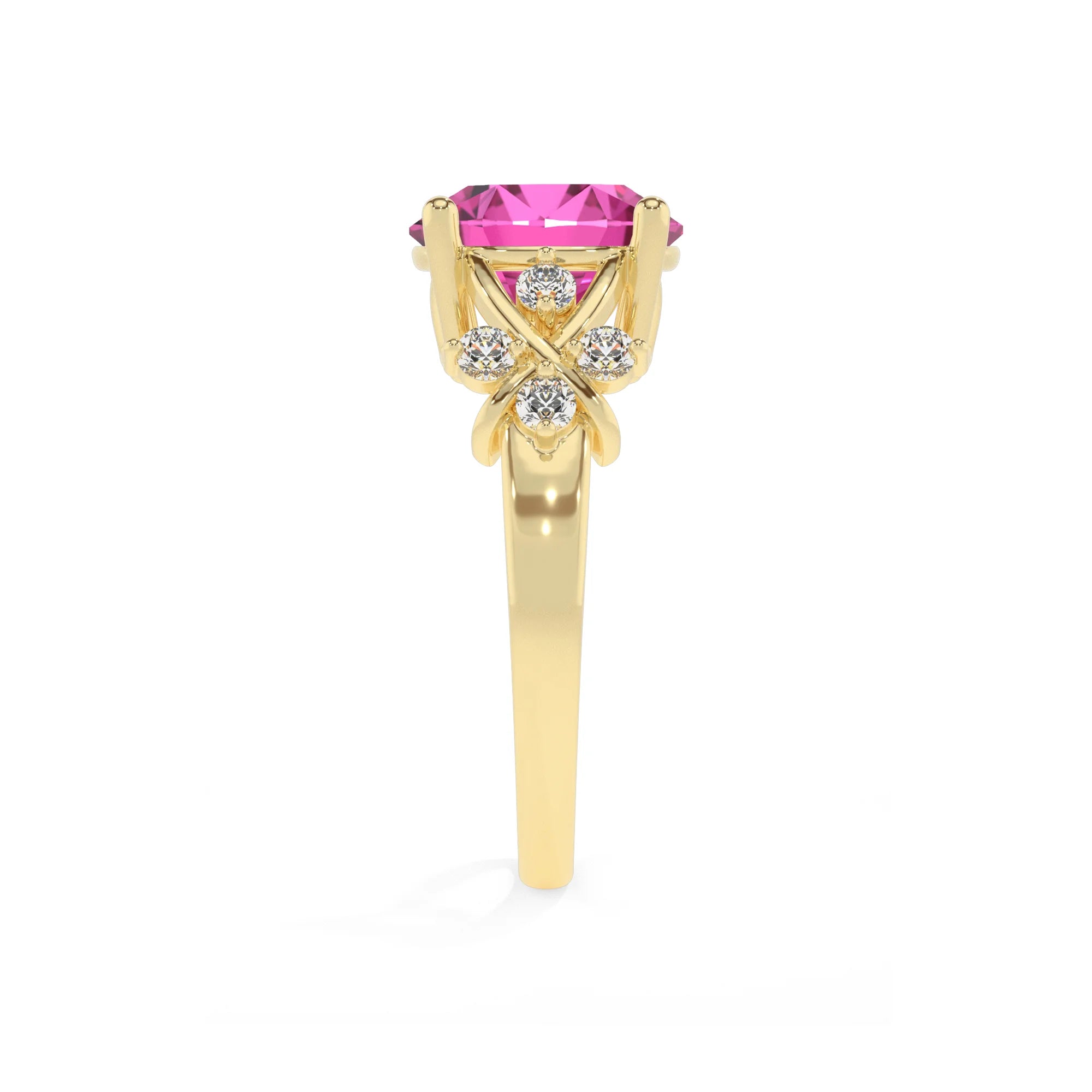 lab grown pink-sapphire round solitaire rings in yellow gold