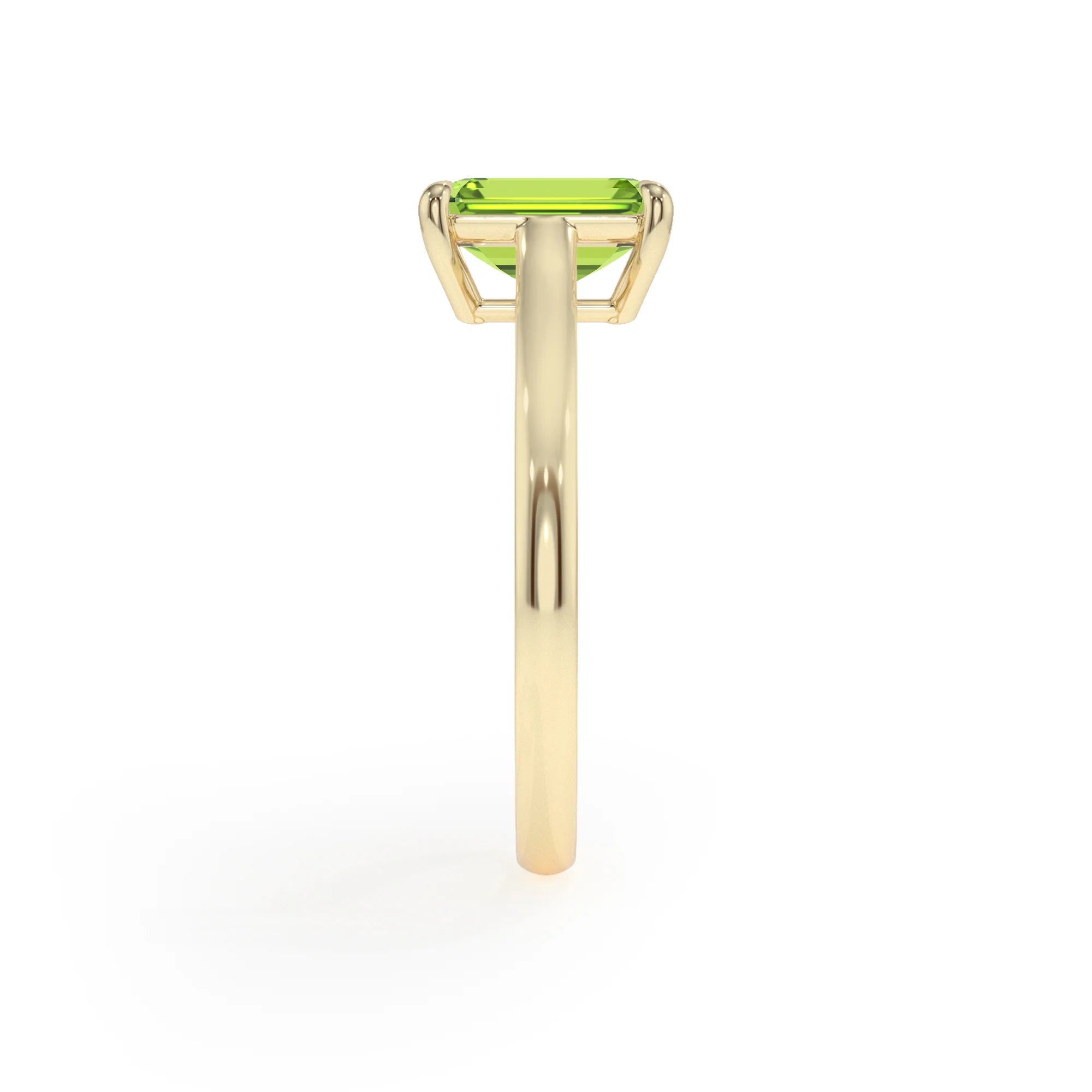 natural peridot emerald cut solitaire rings in yellow gold