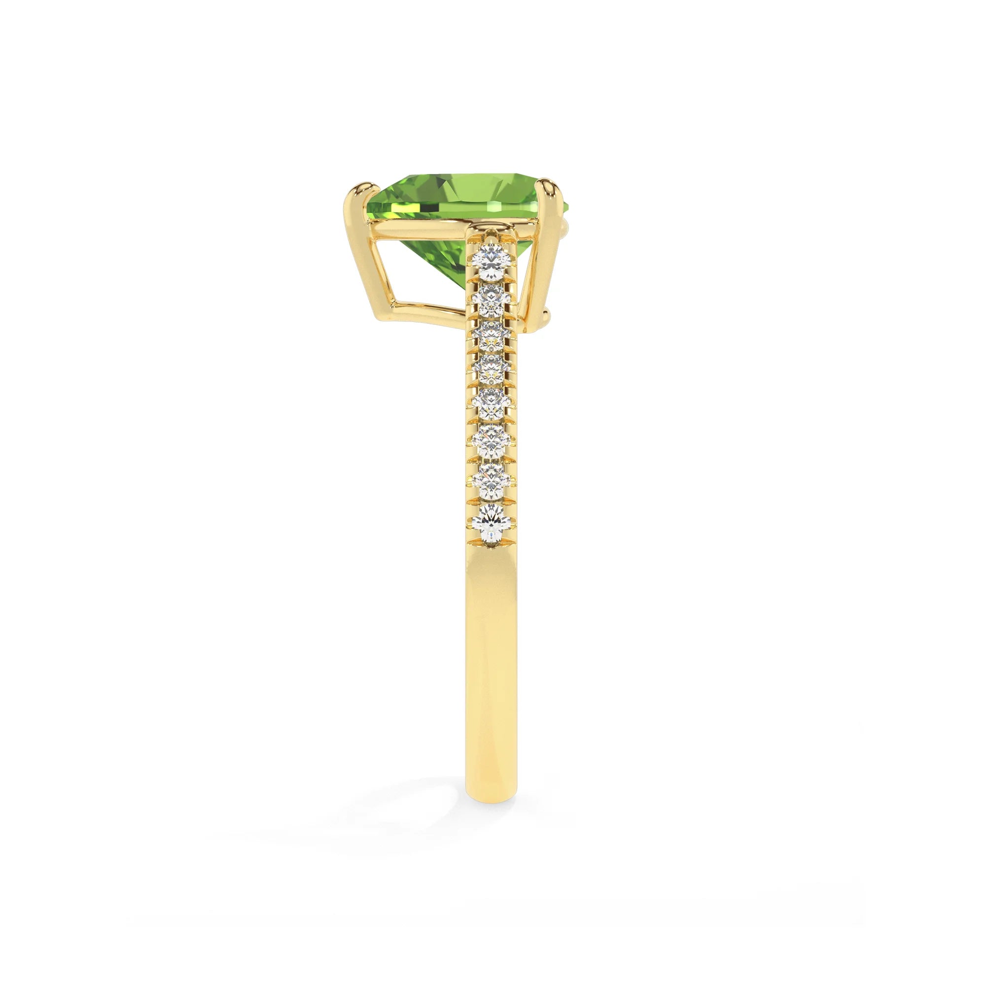 natural peridot heart half eternity solitaire engagement rings in yellow gold