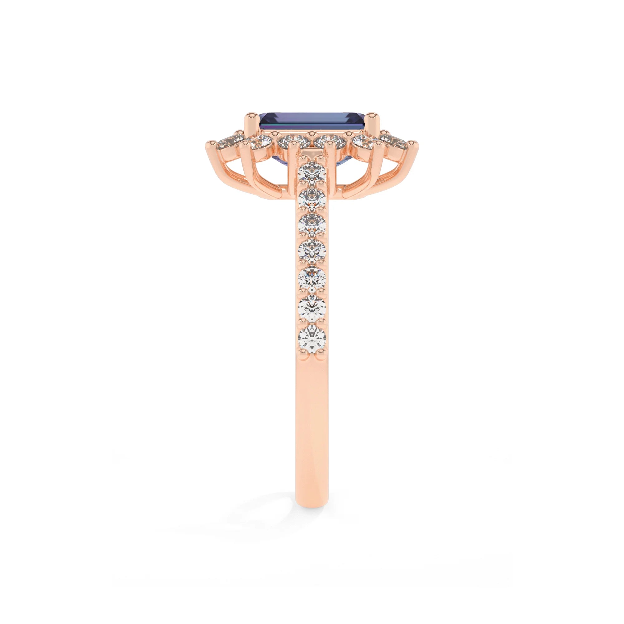 lab grown alexandrite emerald cut solitaire rings in rose gold