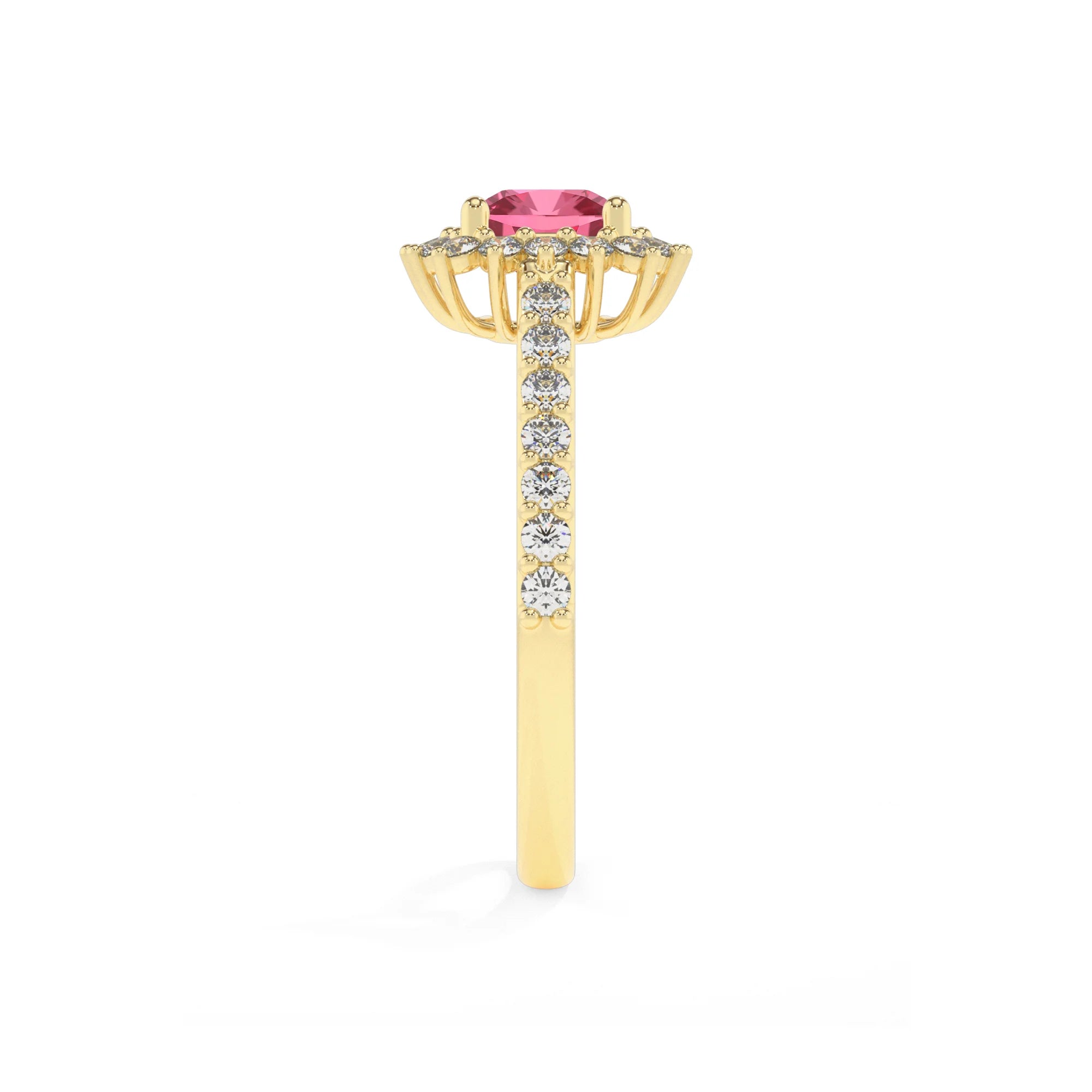 lab grown pink-tourmaline cushion solitaire rings in yellow gold