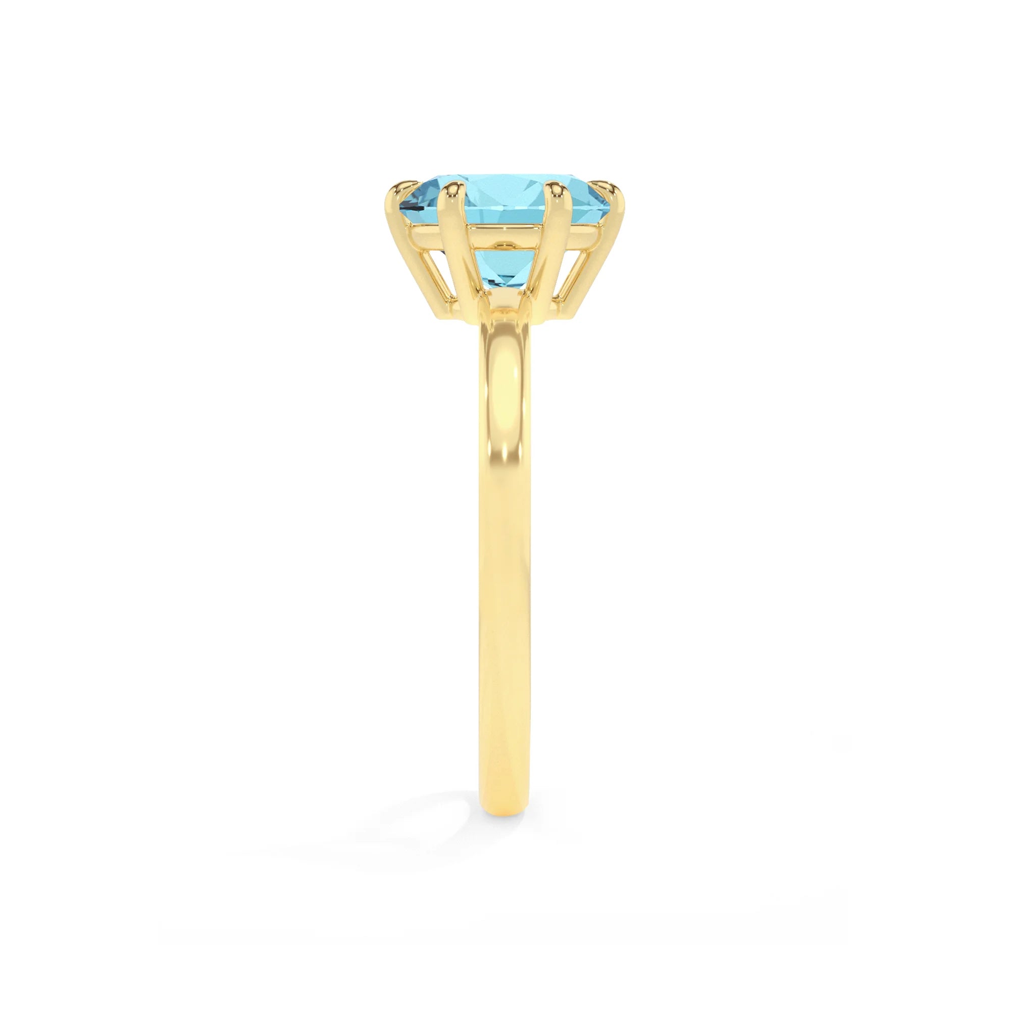 lab grown aquamarine round solitaire rings in yellow gold