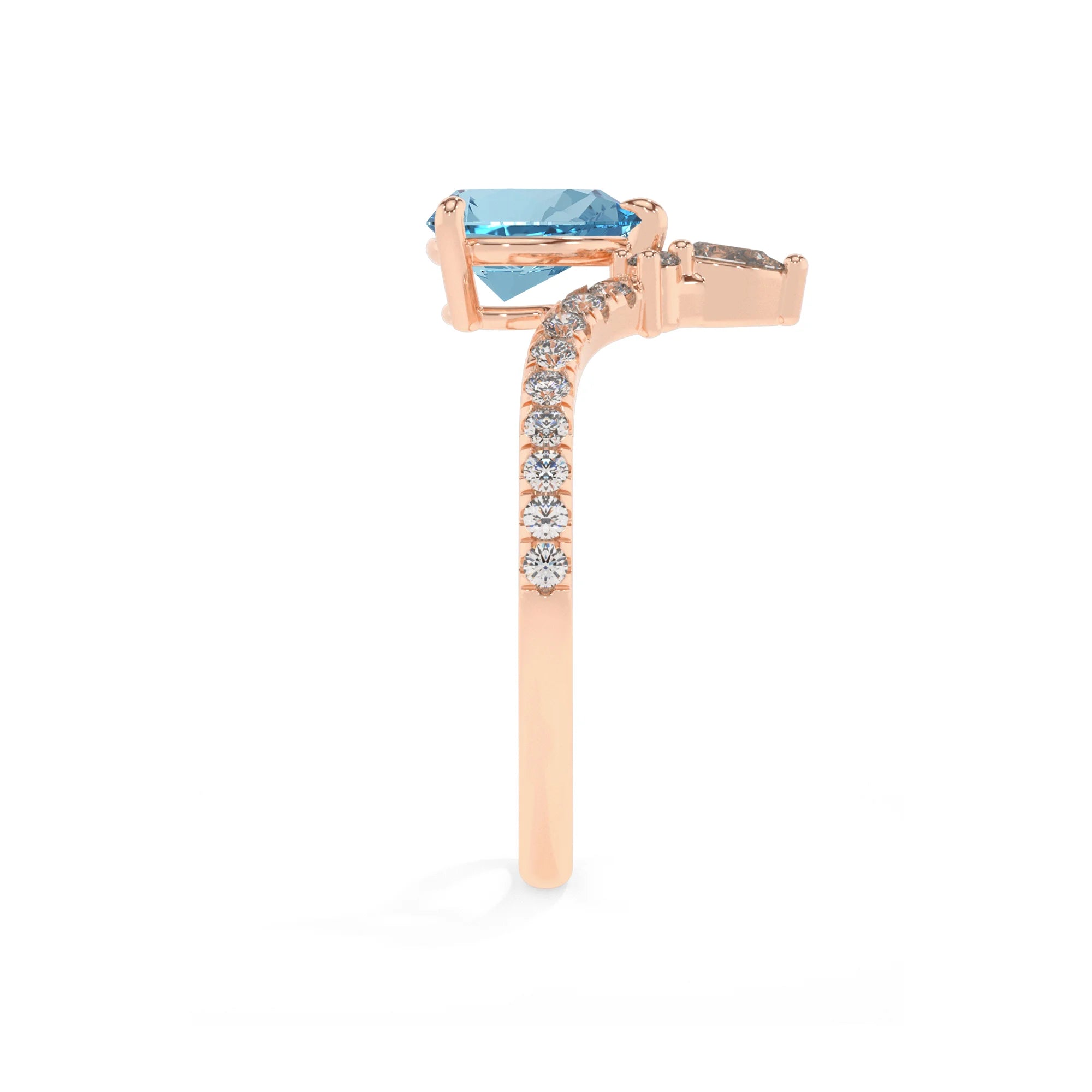 lab grown aquamarine pear solitaire rings in rose gold