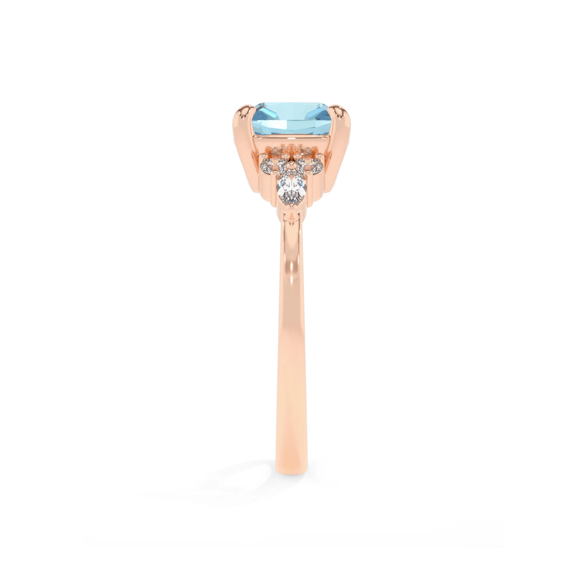 lab grown aquamarine cushion solitaire rings in rose gold
