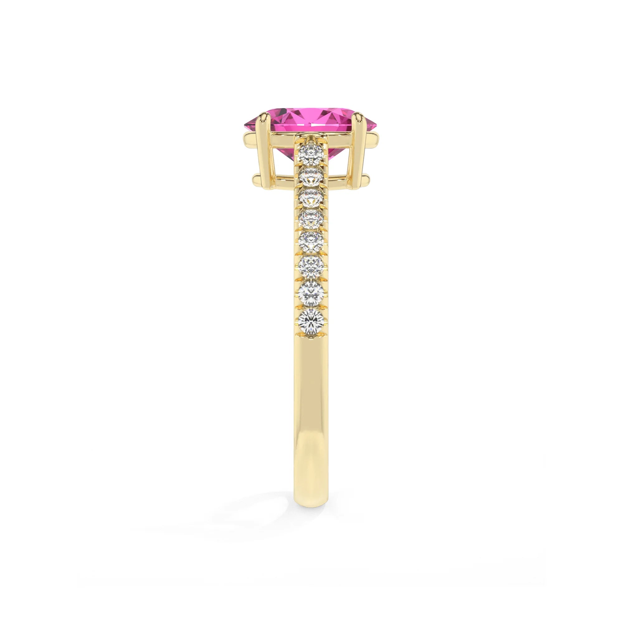 lab grown pink-sapphire oval half eternity solitaire engagement rings in yellow gold