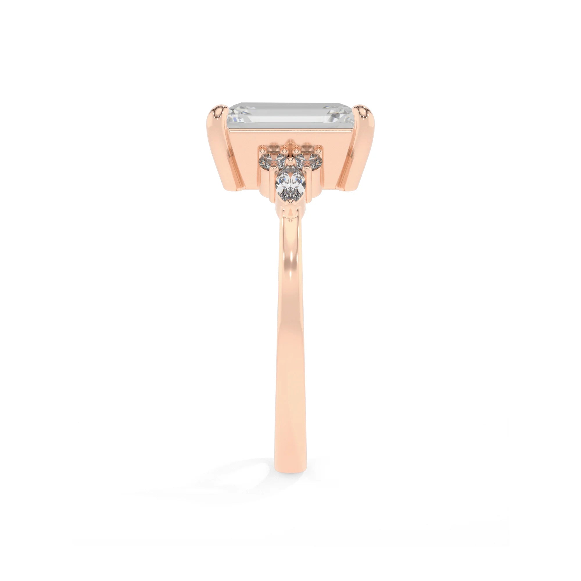 lab grown moissanite emerald cut solitaire rings in rose gold