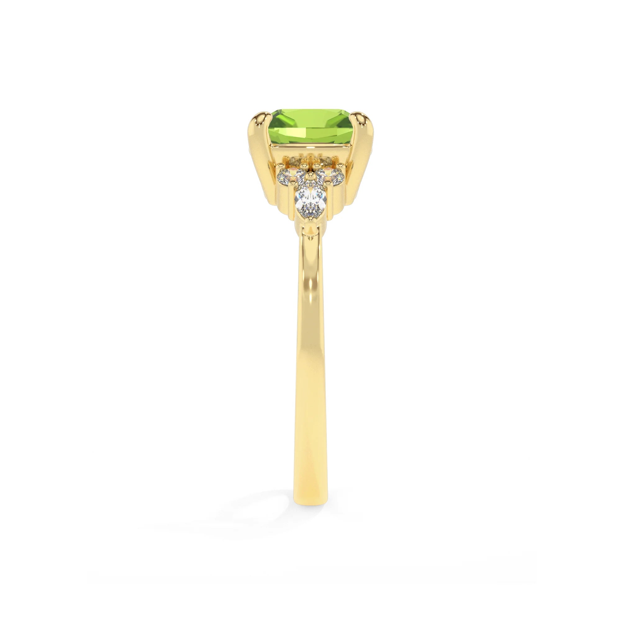 natural peridot cushion solitaire rings in yellow gold