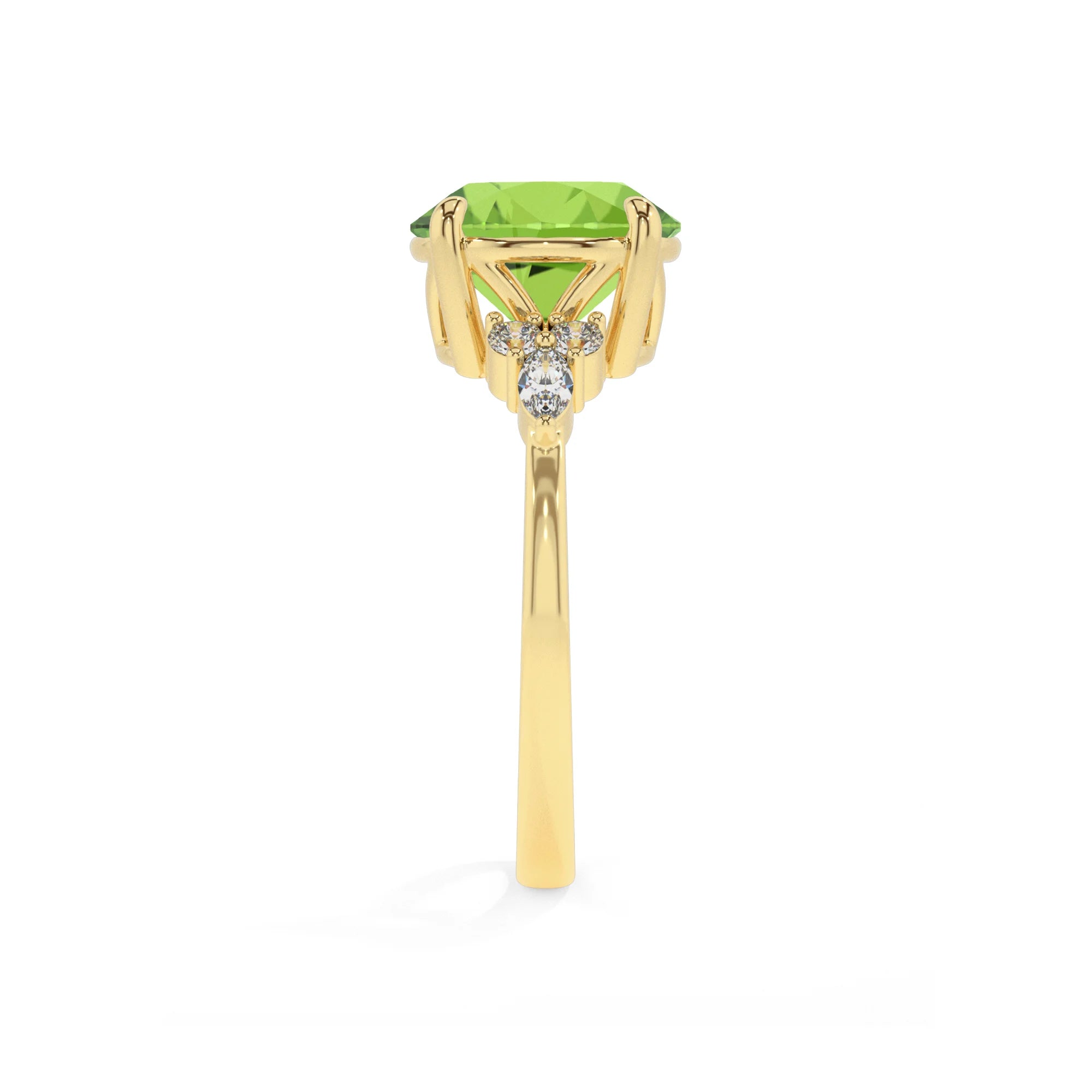 natural peridot round solitaire rings in yellow gold