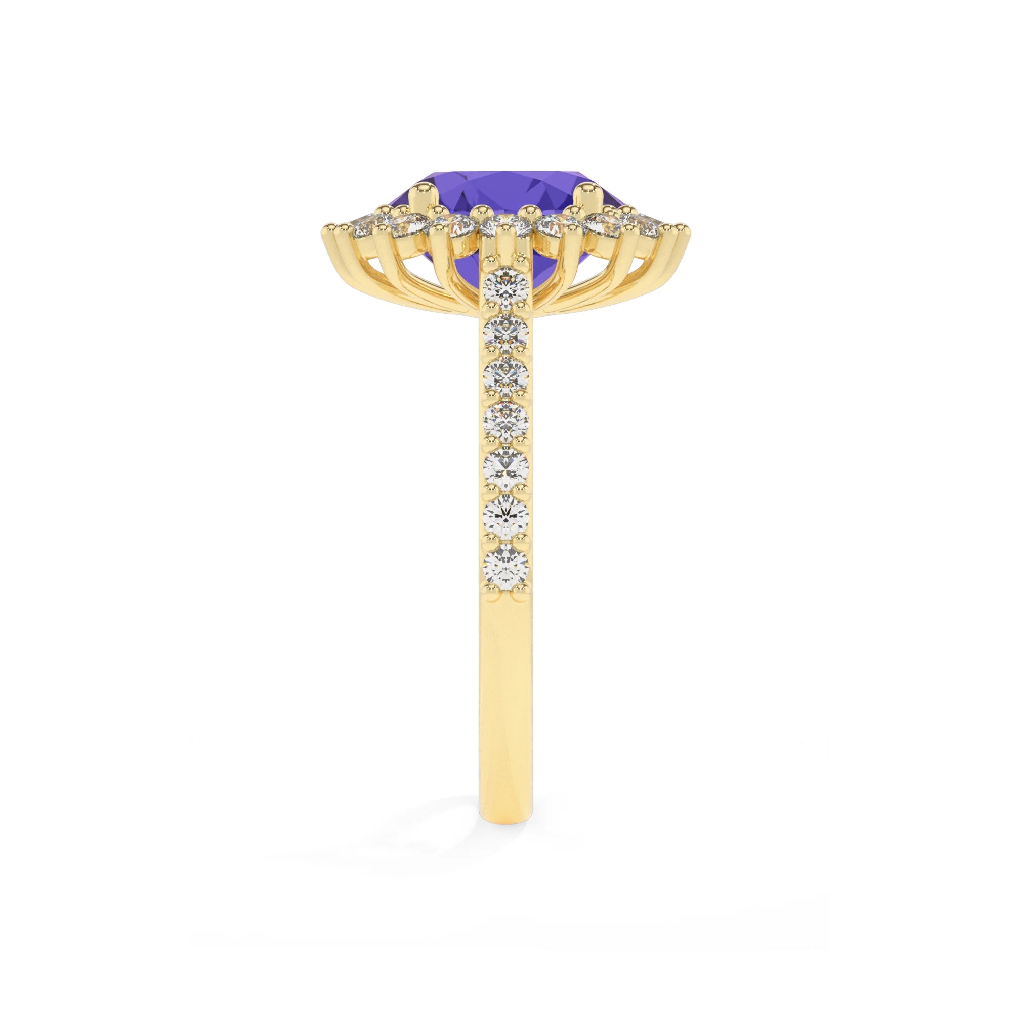 lab grown tanzanite round solitaire rings in yellow gold