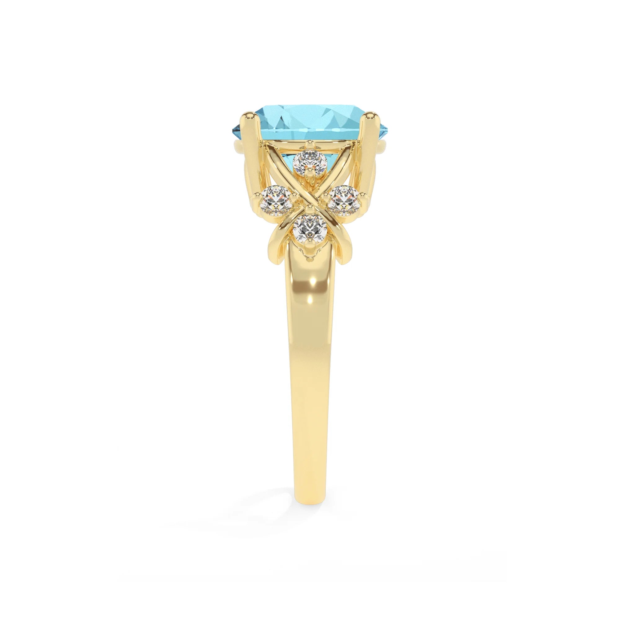 lab grown aquamarine round solitaire rings in yellow gold