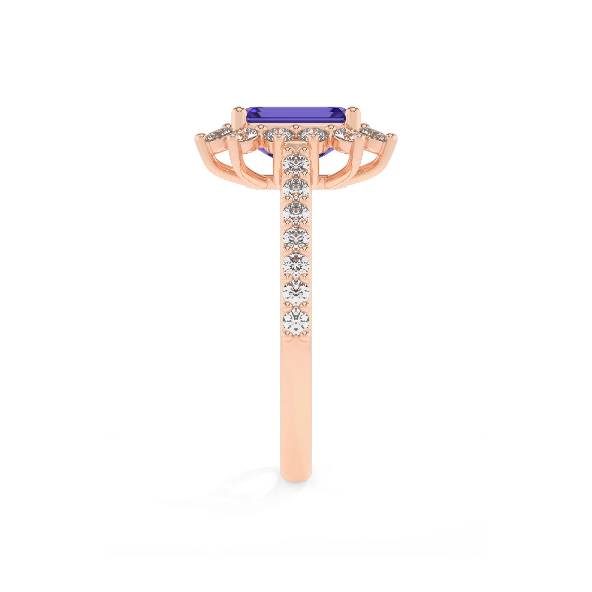 lab grown tanzanite emerald cut solitaire rings in rose gold