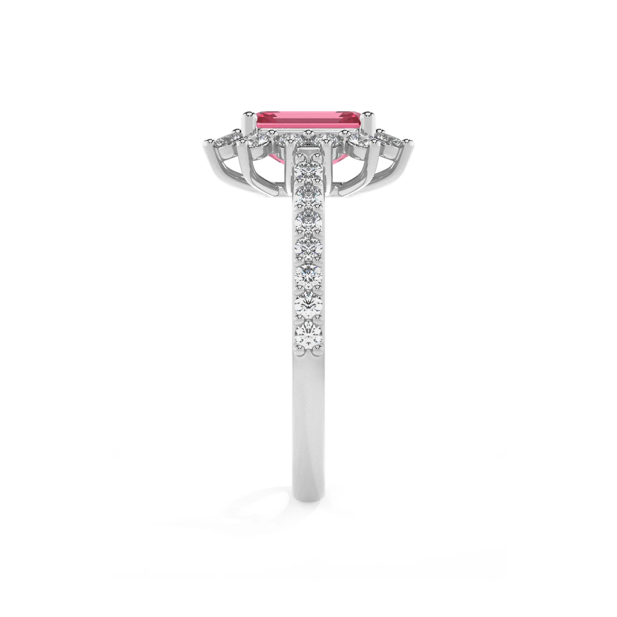 lab grown pink-tourmaline emerald cut solitaire rings in sterling silver