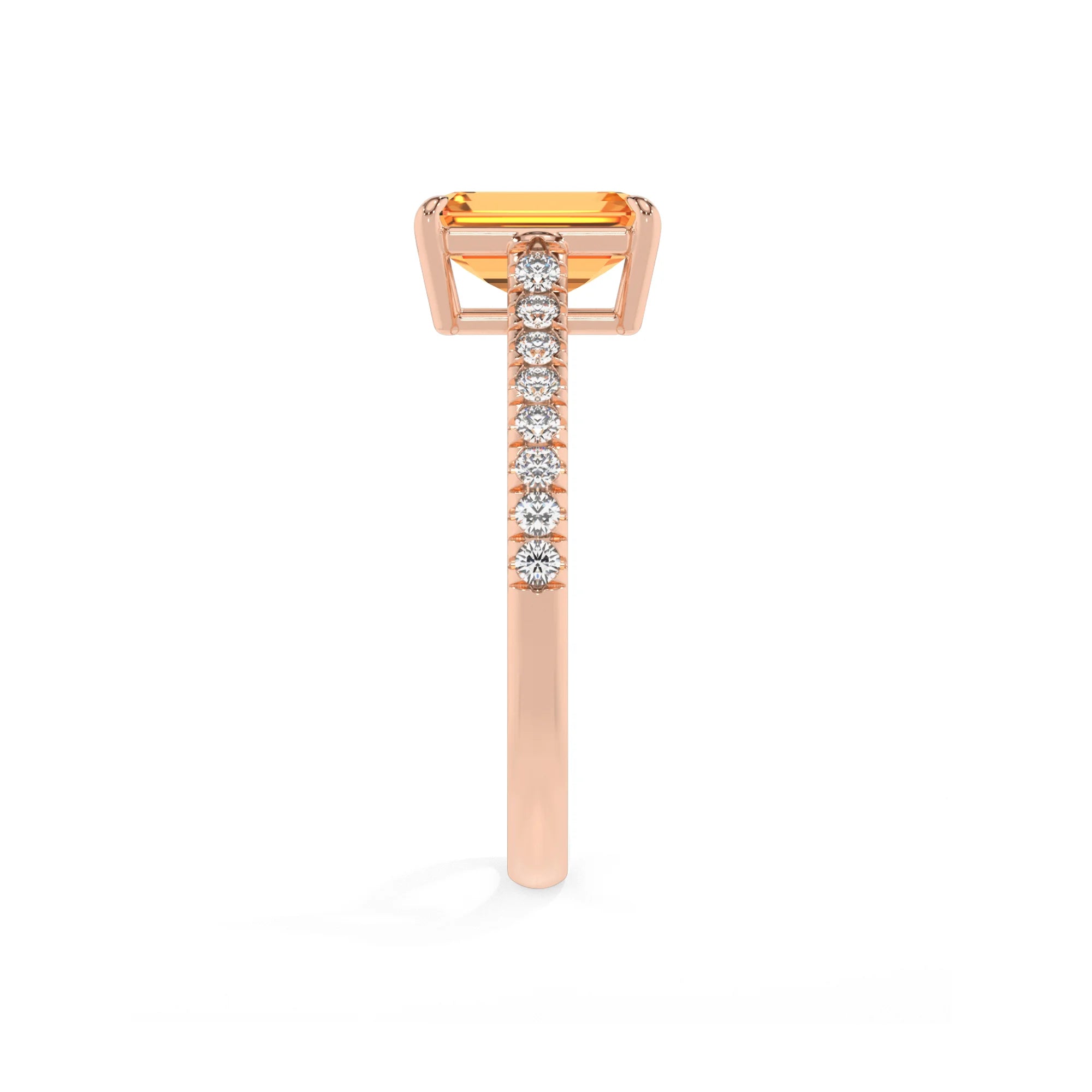 lab grown citrine emerald cut half eternity solitaire engagement rings in rose gold