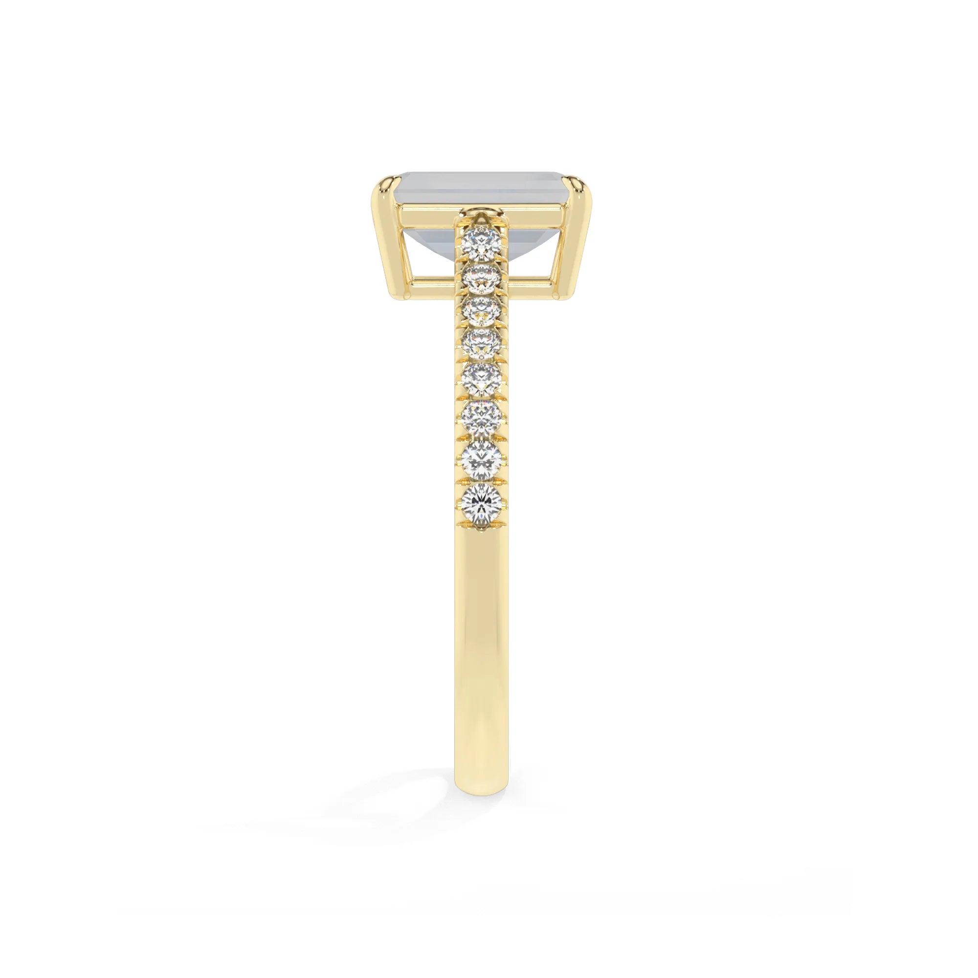 natural rainbow-moonstone emerald cut half eternity solitaire engagement rings in yellow gold