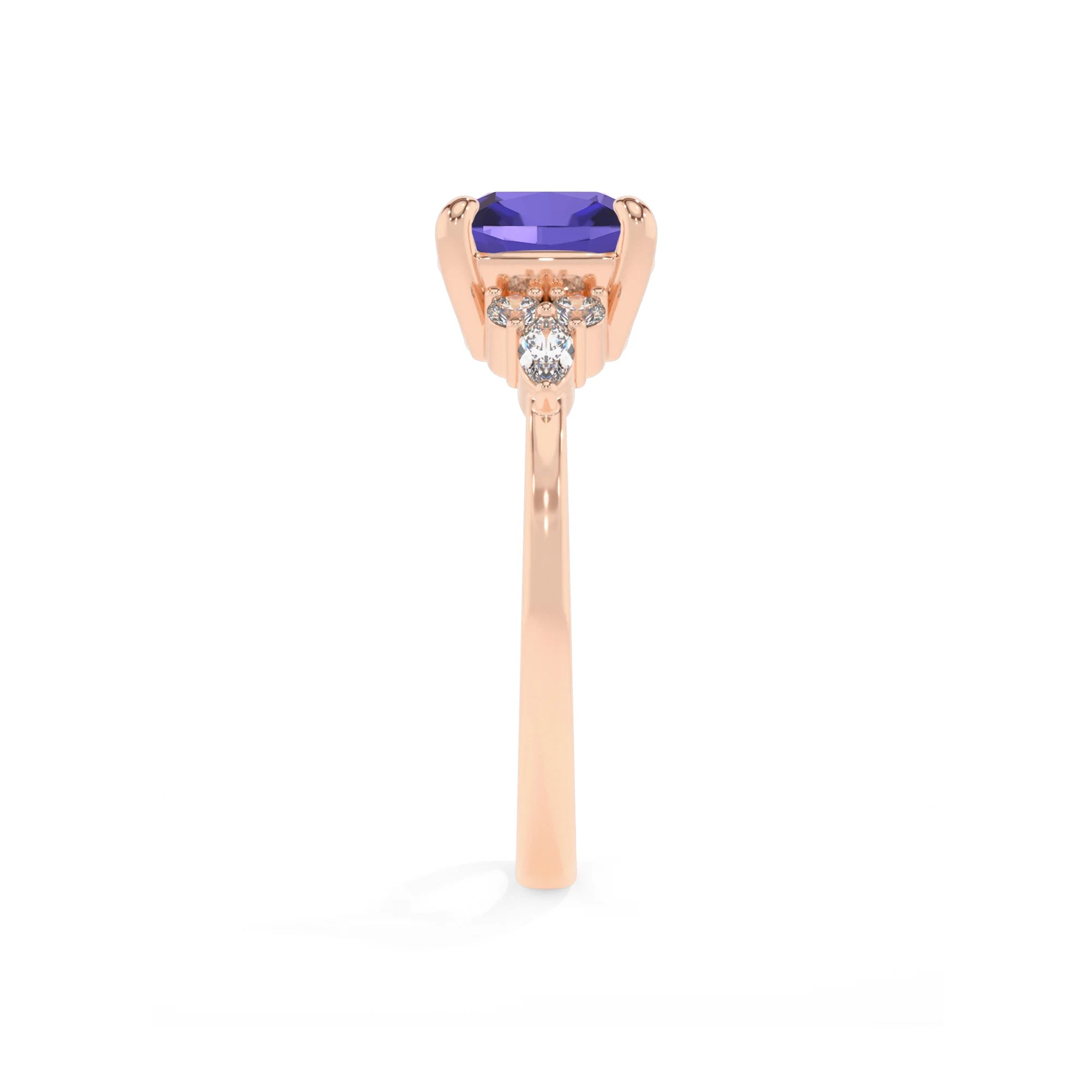 lab grown tanzanite cushion solitaire rings in rose gold