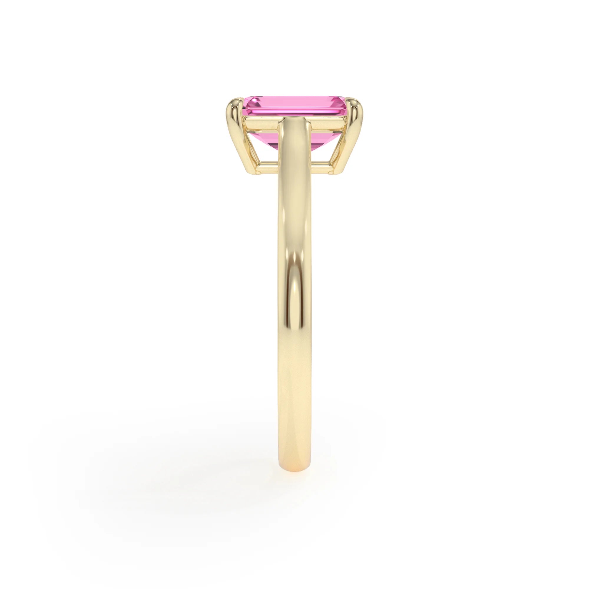 lab grown pink-sapphire emerald cut solitaire rings in yellow gold