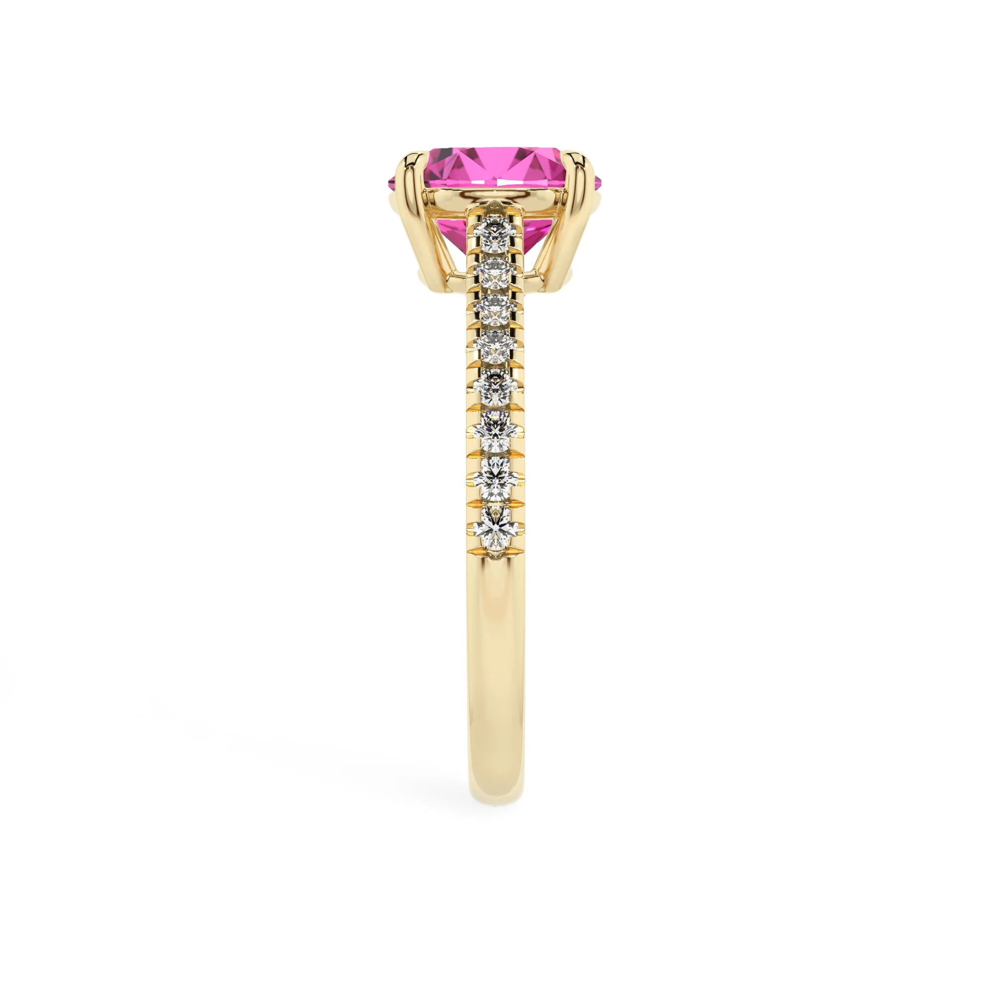 lab grown pink-sapphire round half eternity solitaire engagement rings in yellow gold