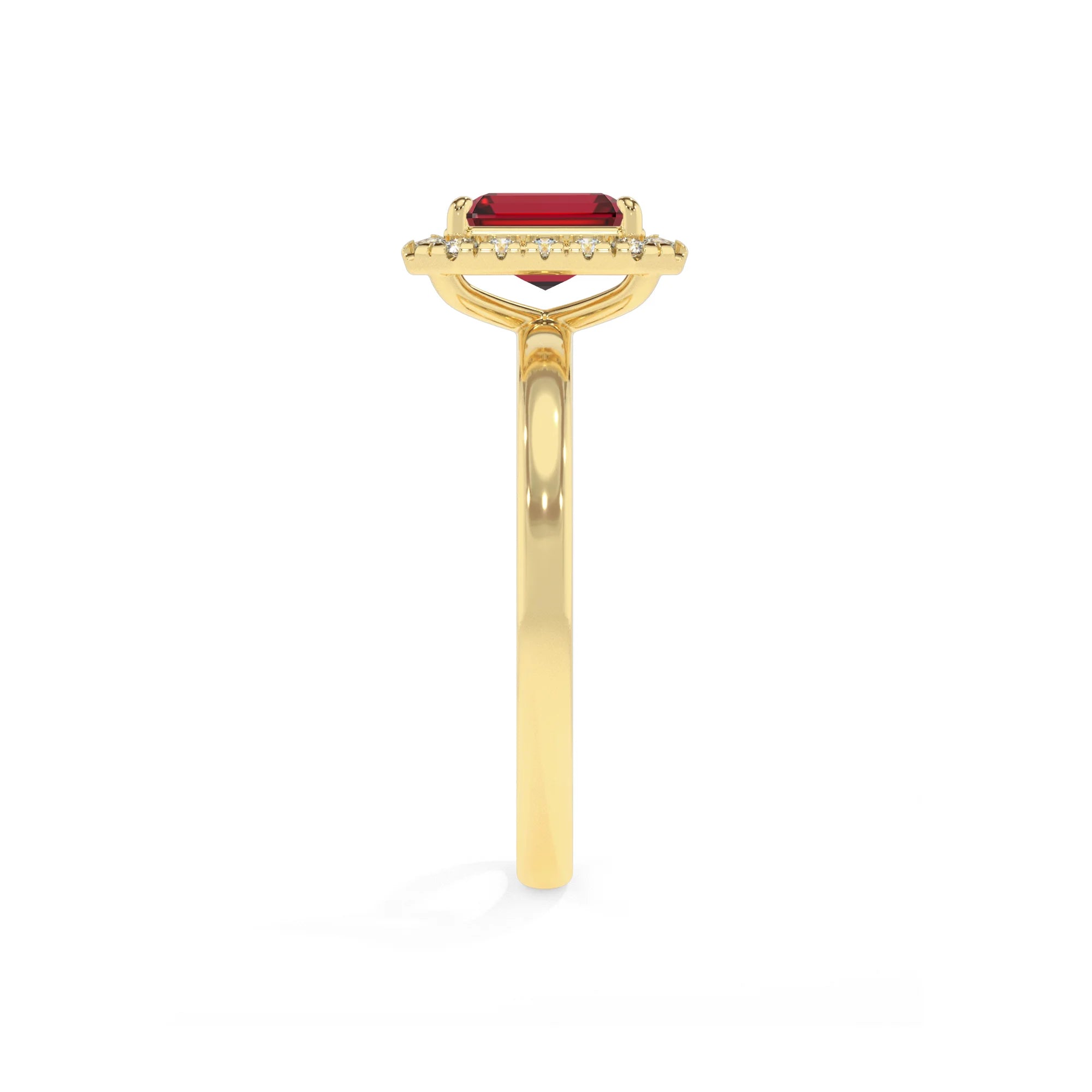 lab grown ruby emerald cut solitaire rings in yellow gold