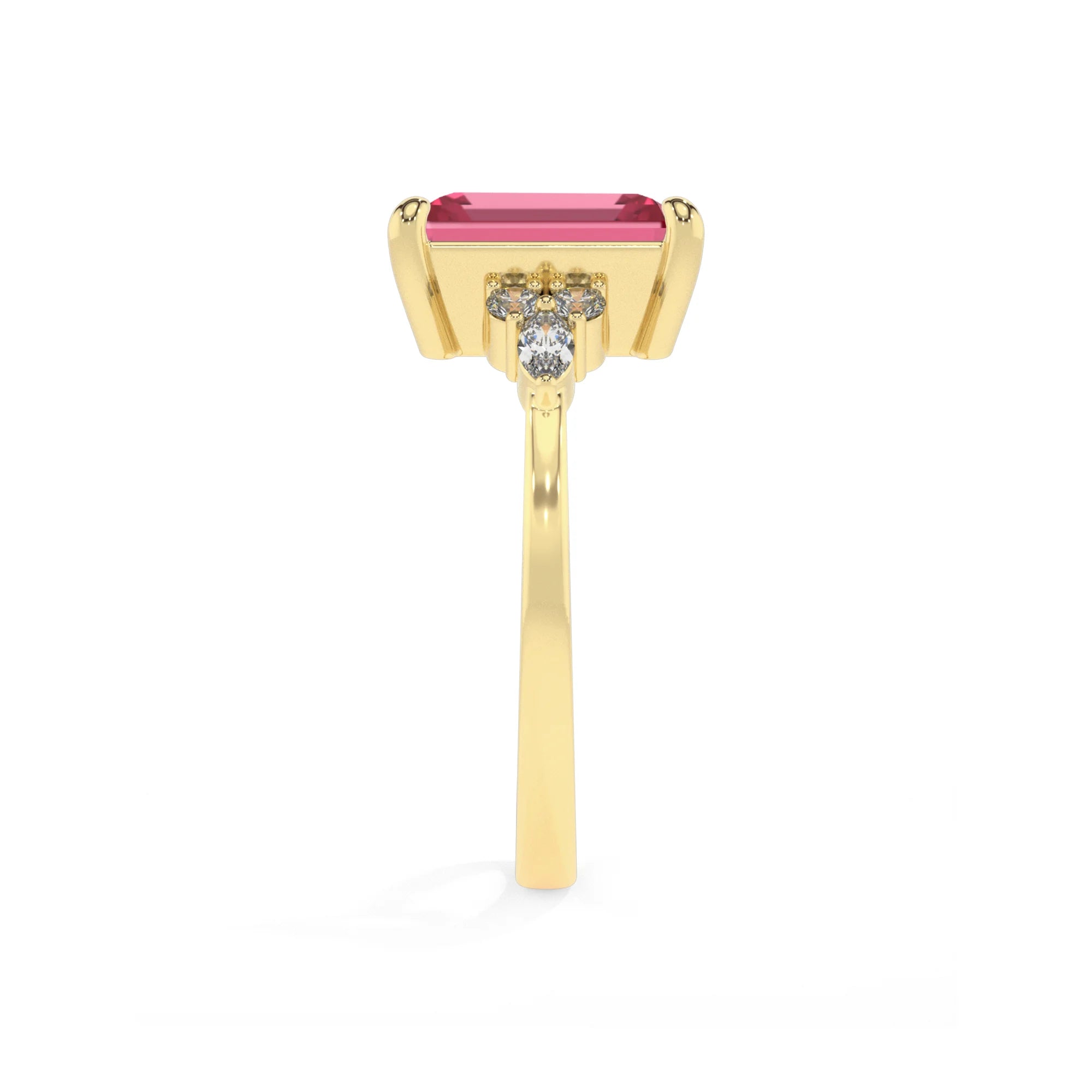 lab grown pink-tourmaline emerald cut solitaire rings in yellow gold