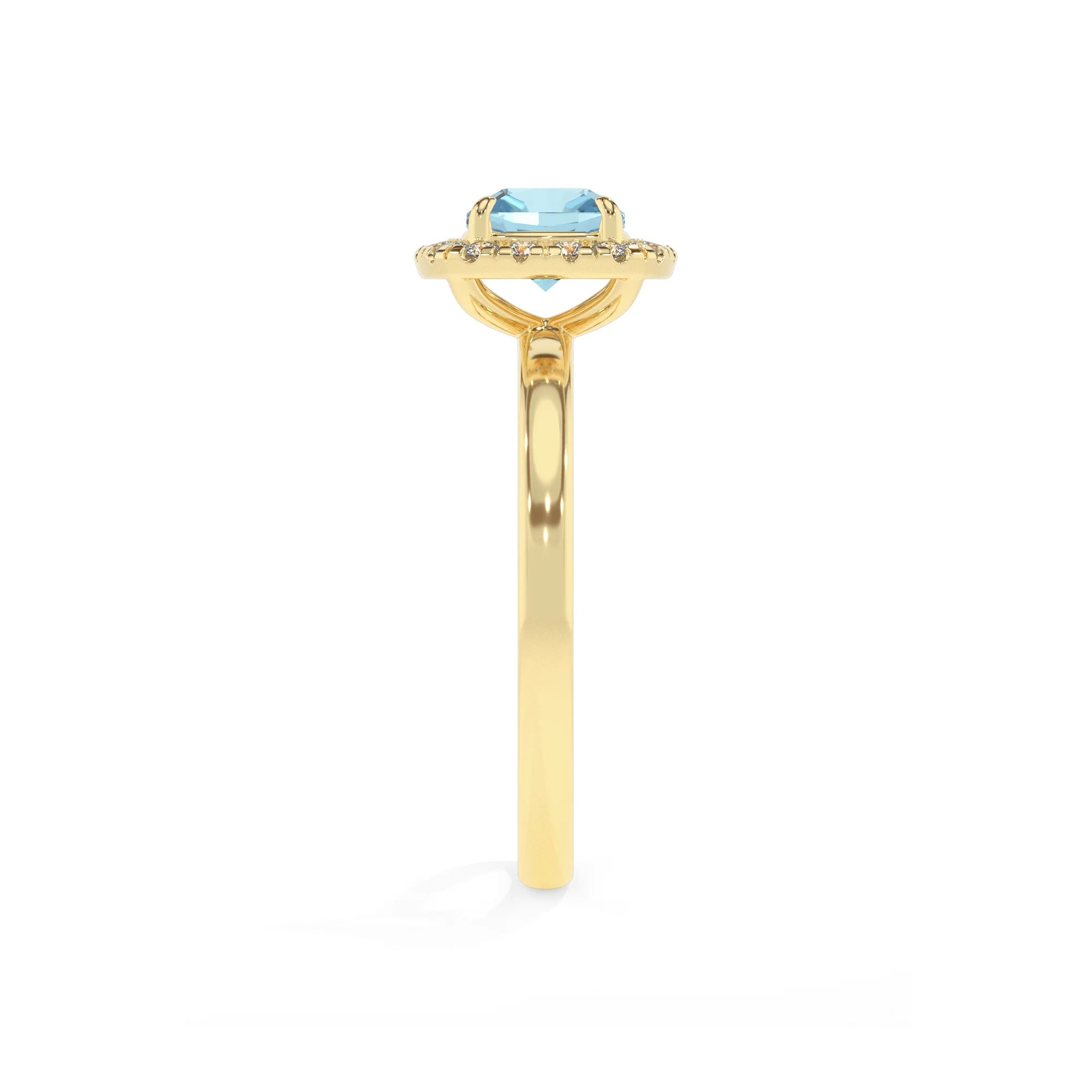 lab grown aquamarine cushion solitaire rings in yellow gold