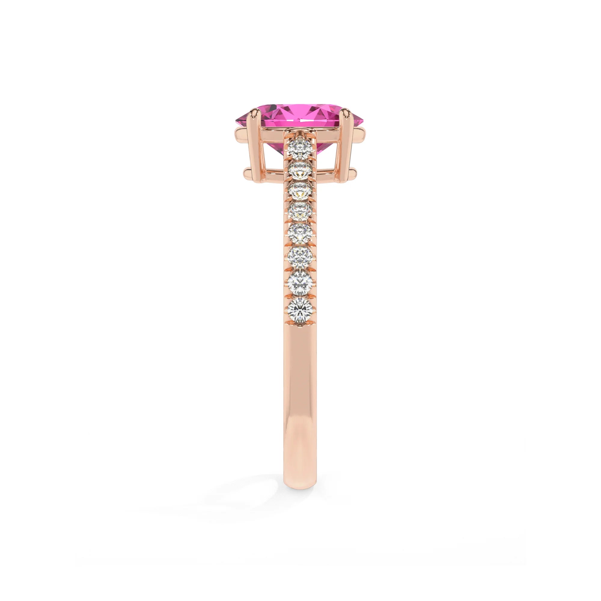 lab grown pink-sapphire oval half eternity solitaire engagement rings in rose gold
