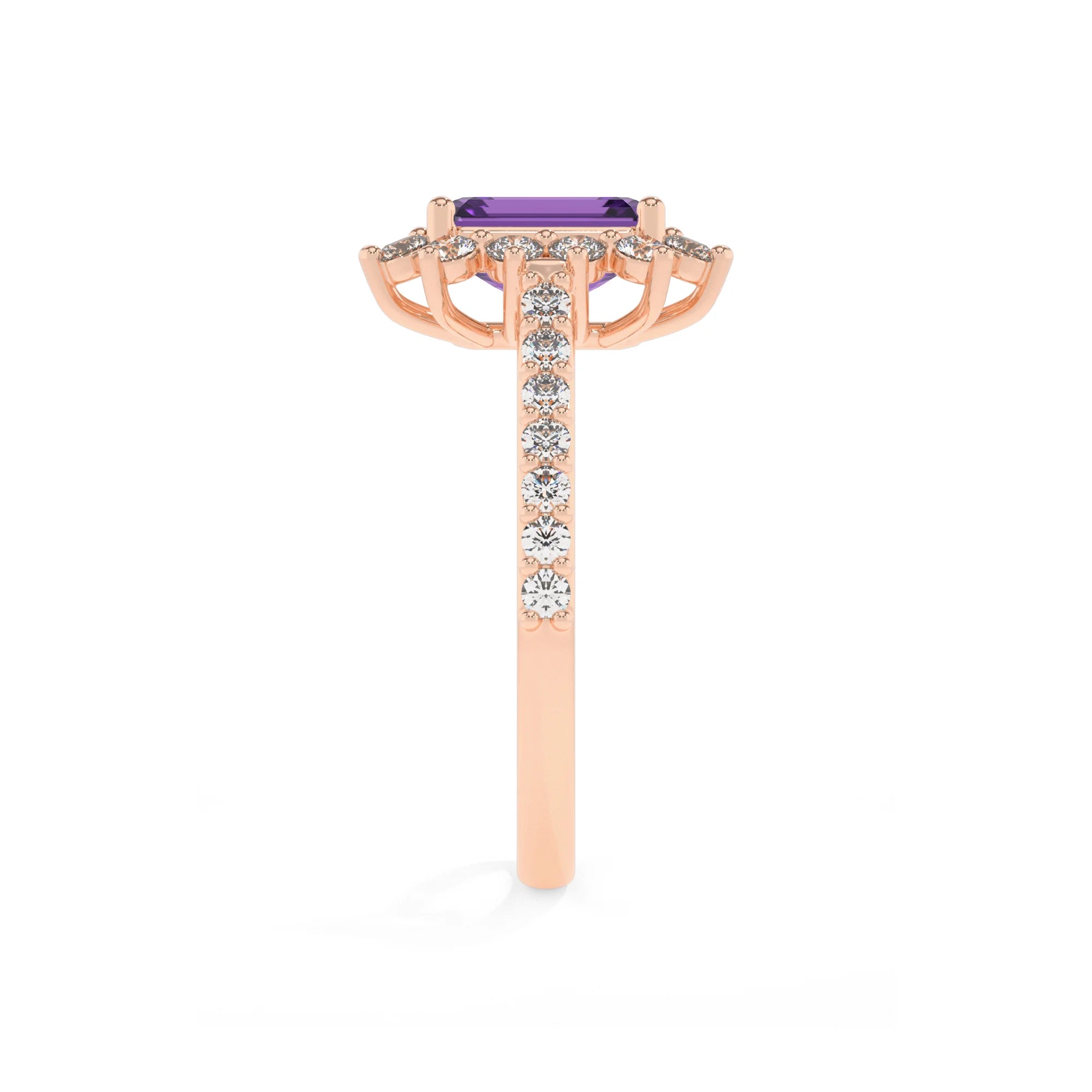 lab grown amethyst emerald cut solitaire rings in rose gold
